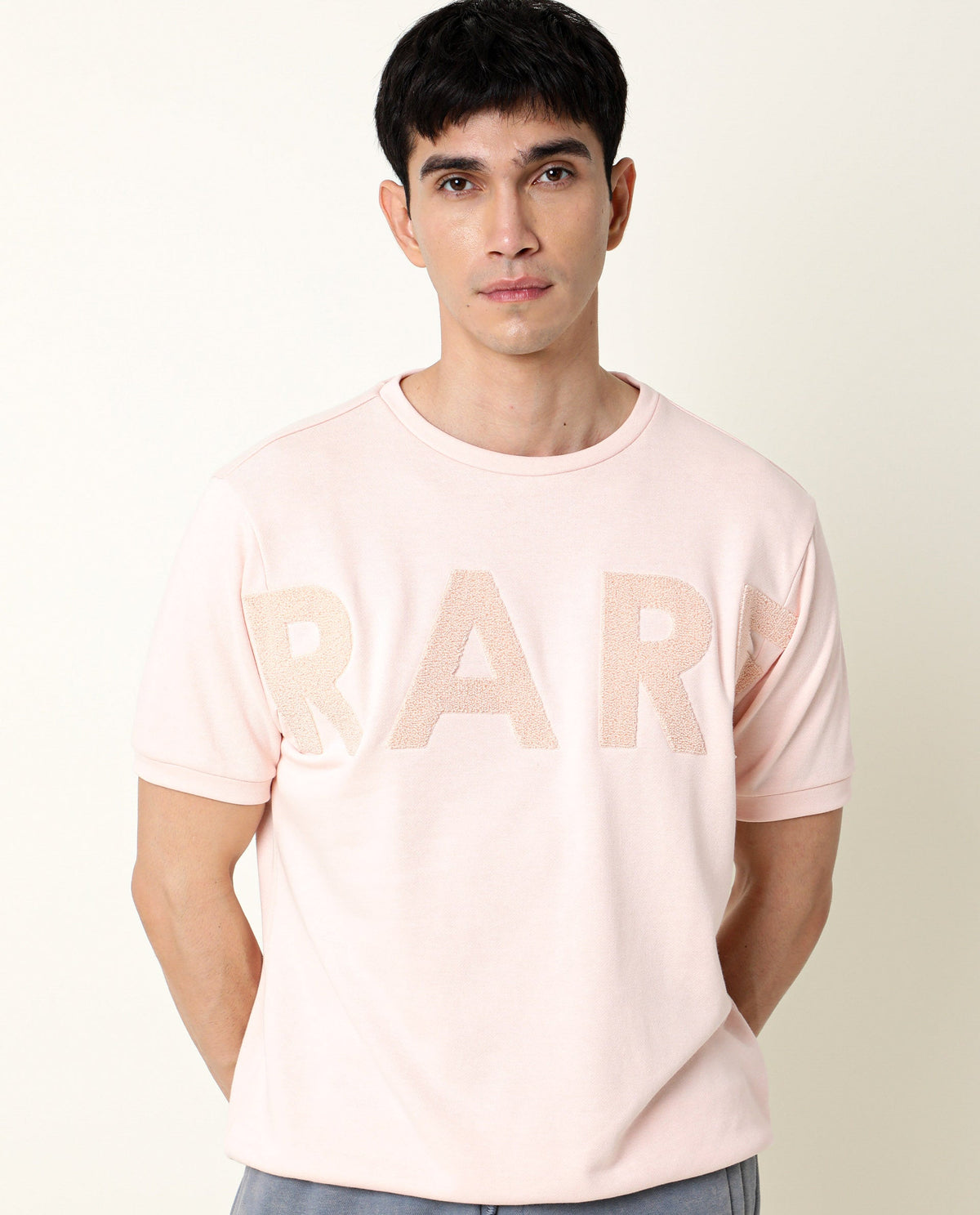 RARE RABBIT MEN'S NOR PEACH SWEATSHIRT COTTON POLYESTER FABRIC CREW NECK HALF SLEEVES SLIM FIT