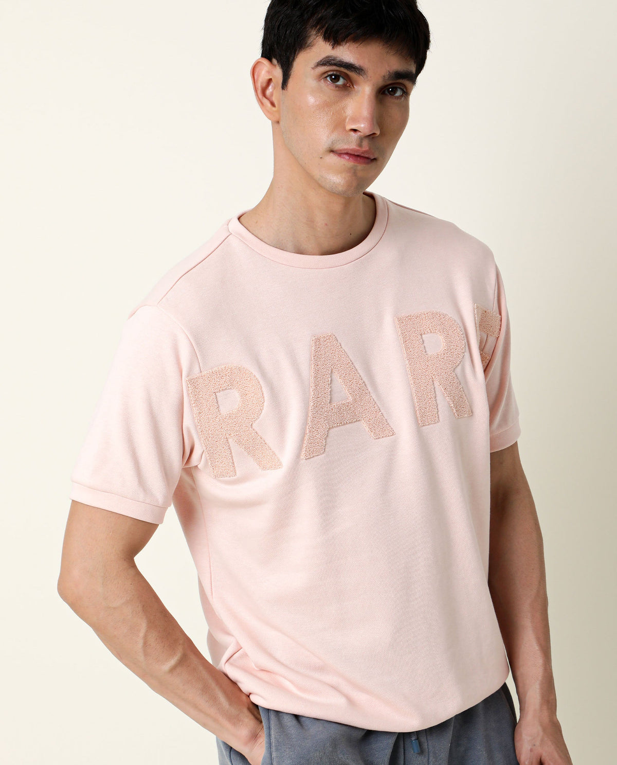 RARE RABBIT MEN'S NOR PEACH SWEATSHIRT COTTON POLYESTER FABRIC CREW NECK HALF SLEEVES SLIM FIT