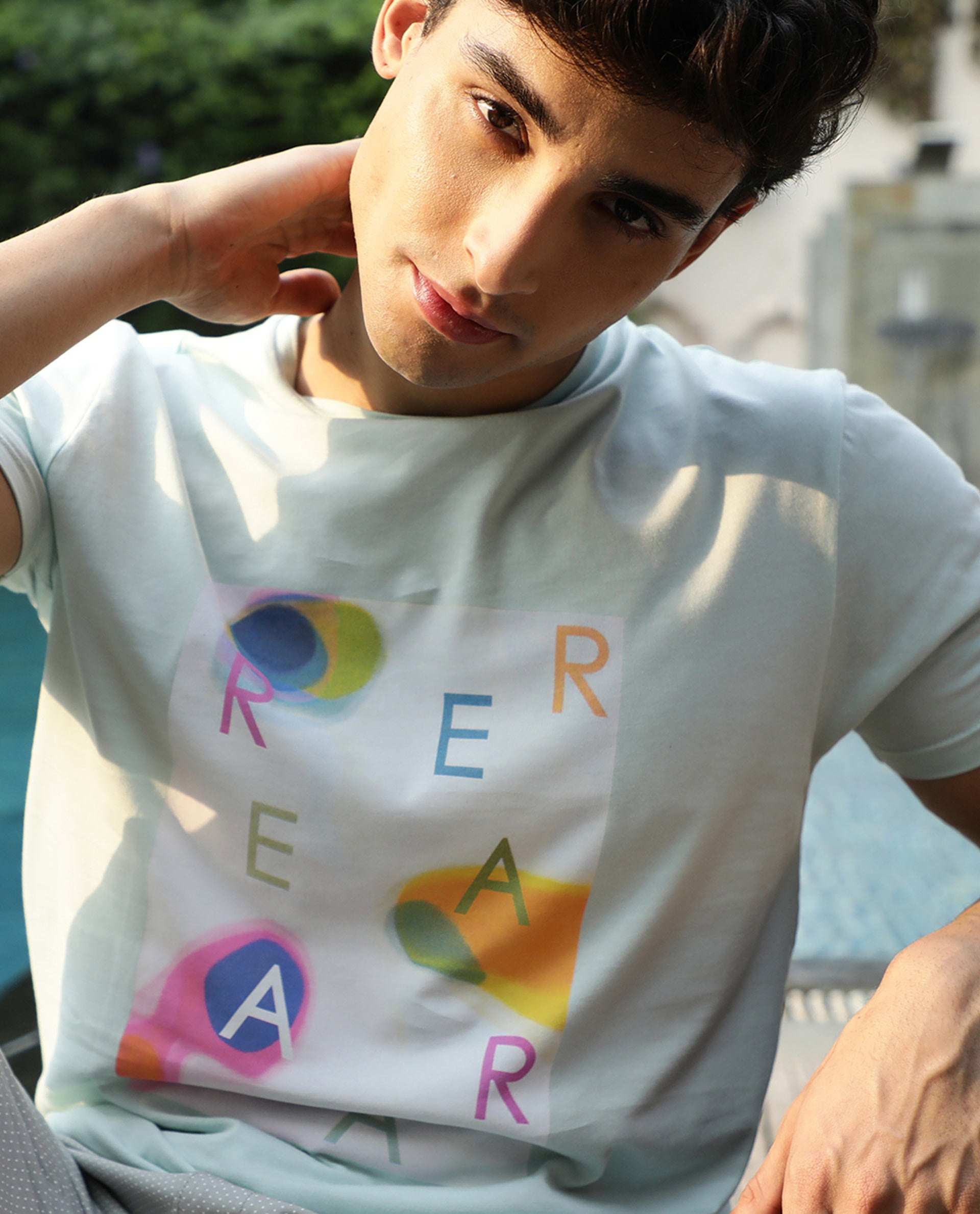 Rare Rabbit Men's Monc Blue Crew Neck Discharge Abstract Print With Branding Half Sleeves Slim Fit T-Shirt