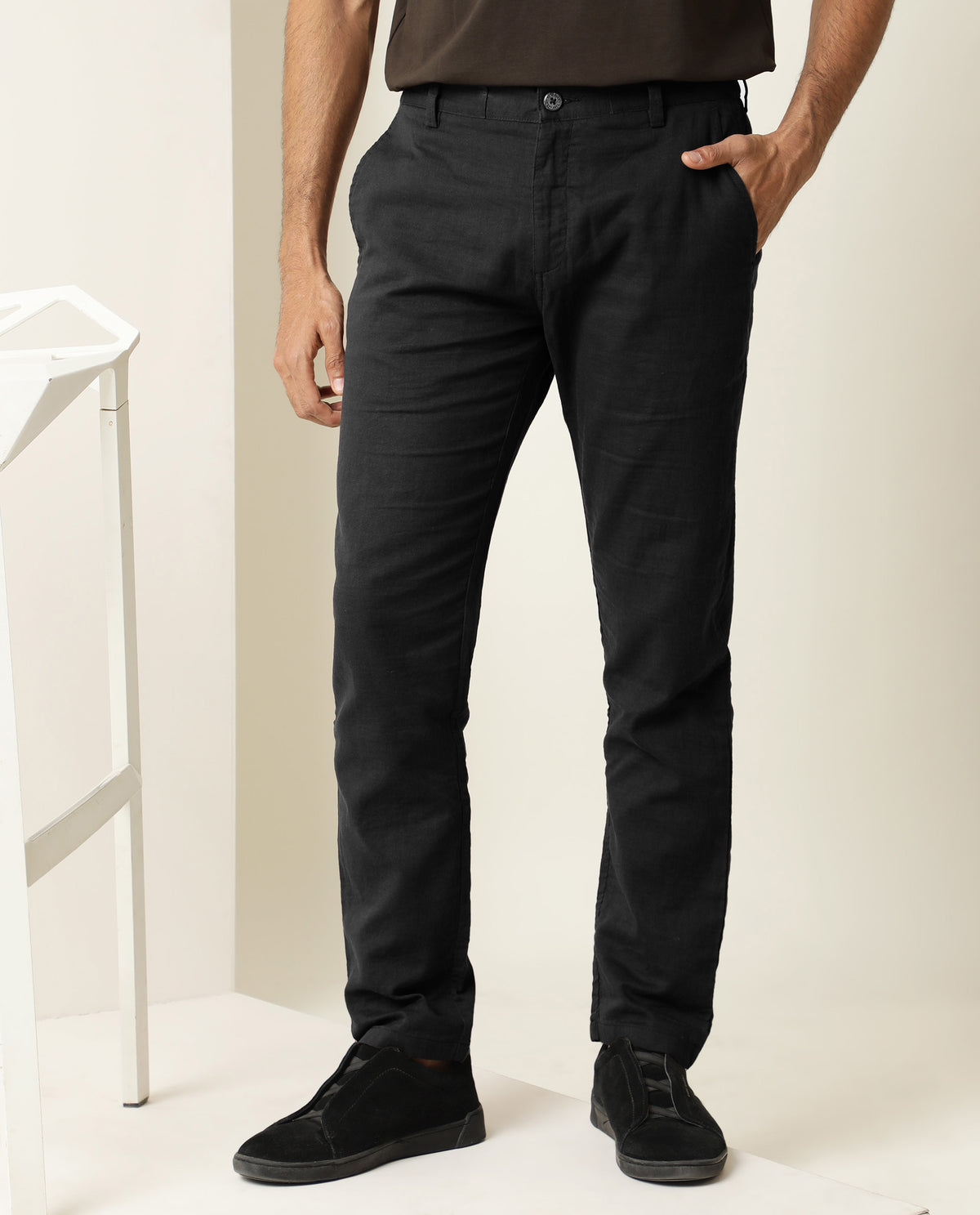 Rare Rabbit Men's Pastor Black Solid Mid-Rise With Drawstring And Elastic Waistband Regular Fit Trouser