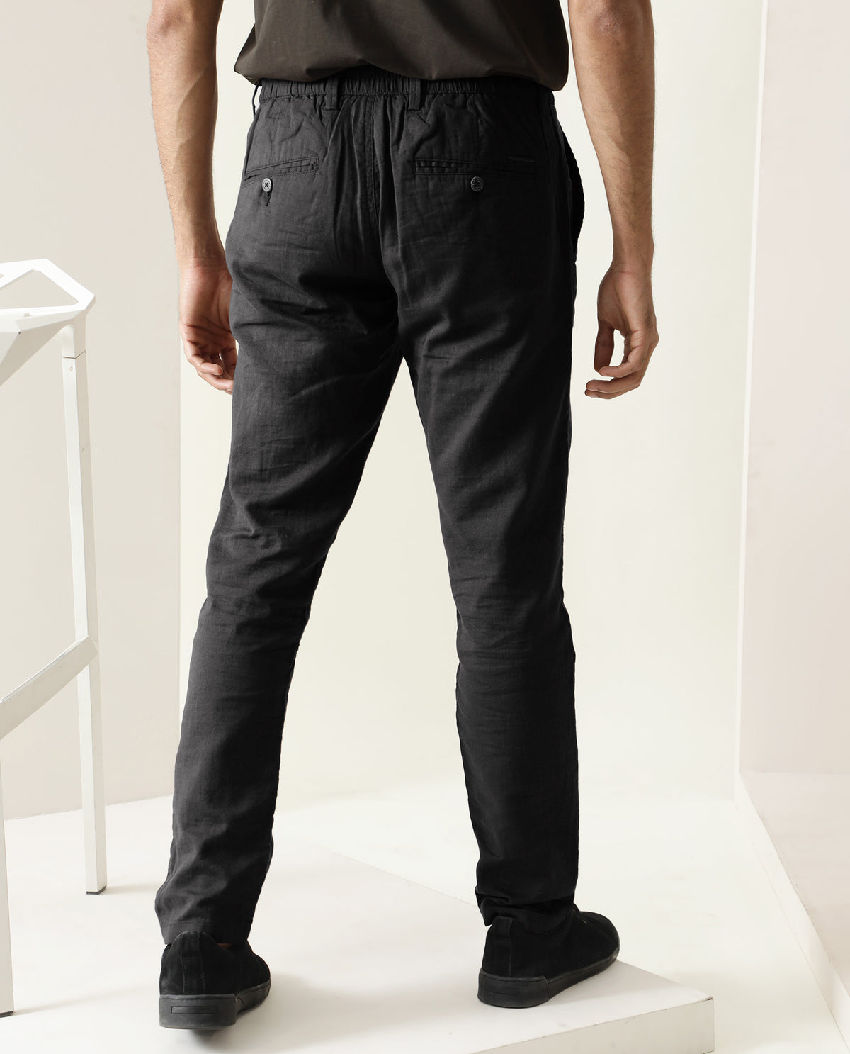 Rare Rabbit Men's Pastor Black Solid Mid-Rise With Drawstring And Elastic Waistband Regular Fit Trouser