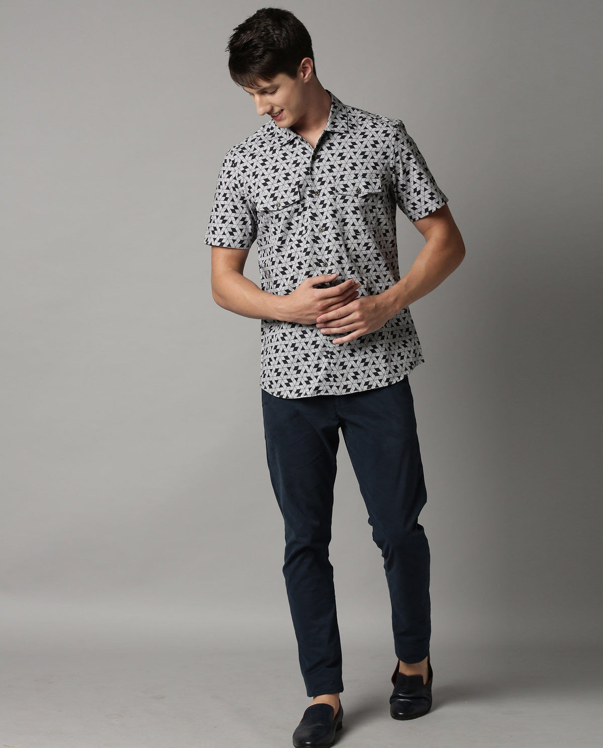 RARE RABBIT MEN'S PUZZLE BLACK SHIRT SHORT SLEEVES PRINT SLIM FIT