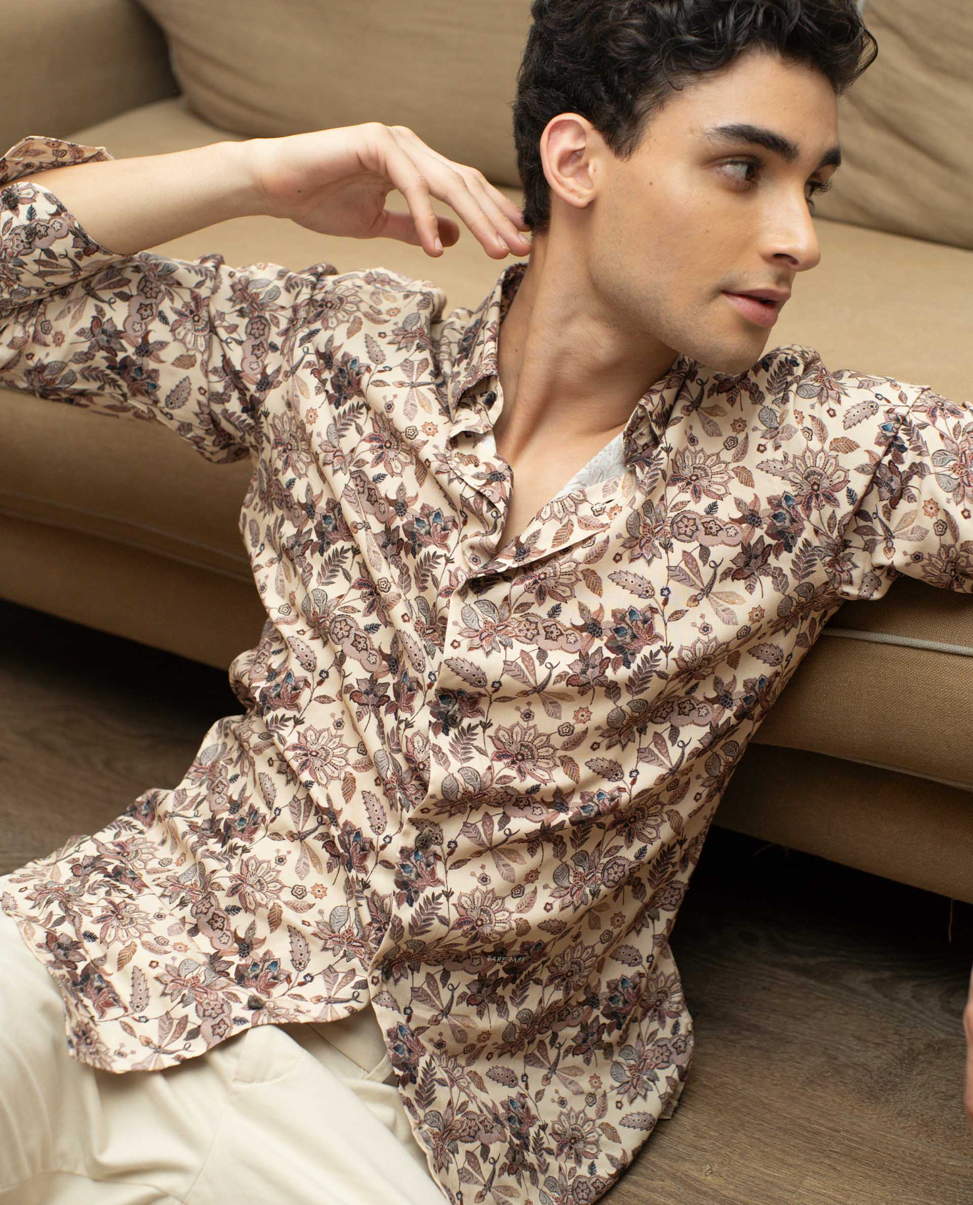 Rare Rabbit Men's Ravell Beige Cotton Viscose Fabric Full Sleeves Floral Print Shirt