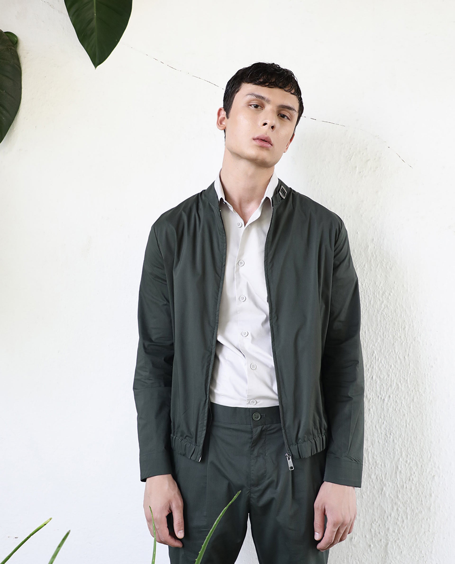 Rare Rabbit Men's Saka Olive Plain Mandarin Collar Jacket