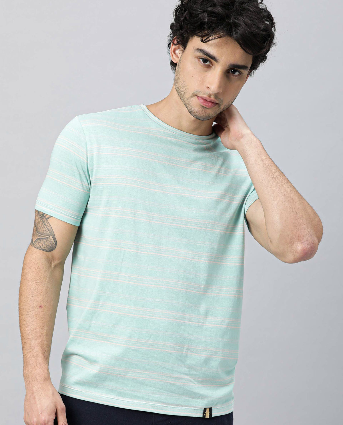 RARE RABBIT SEUS LIGHT TURQ T-SHIRT COTTON FABRIC SHORT SLEEVE ROUND NECK SLIM FIT
