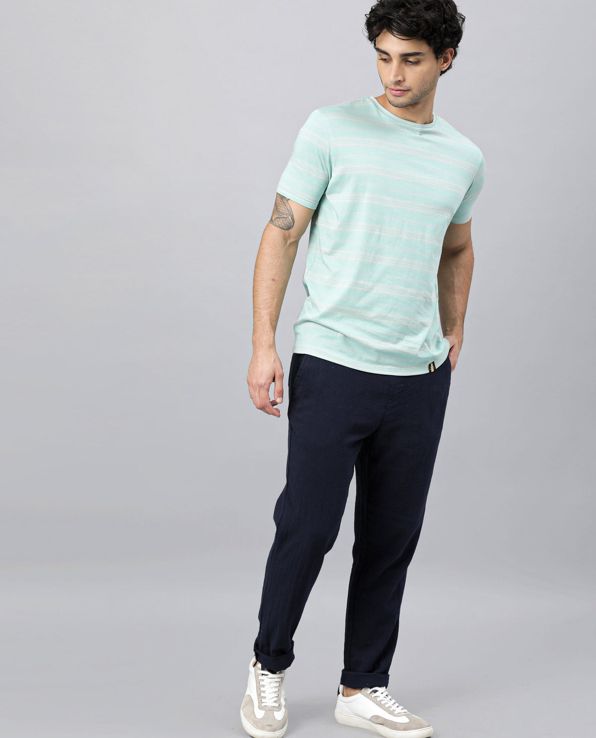 RARE RABBIT SEUS LIGHT TURQ T-SHIRT COTTON FABRIC SHORT SLEEVE ROUND NECK SLIM FIT