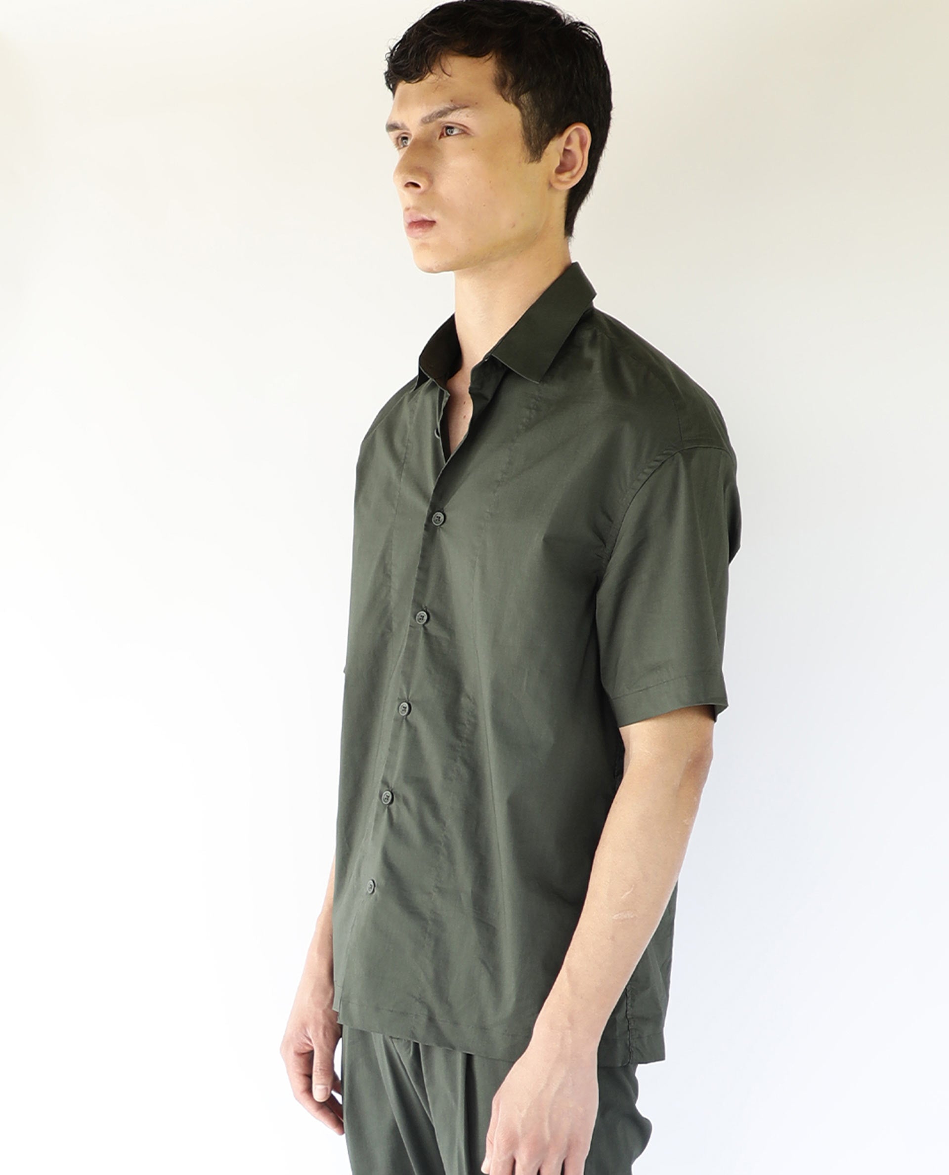 Rare Rabbit Men's Shibuya Olive Polycotton Fabric Half Sleeves Shirt