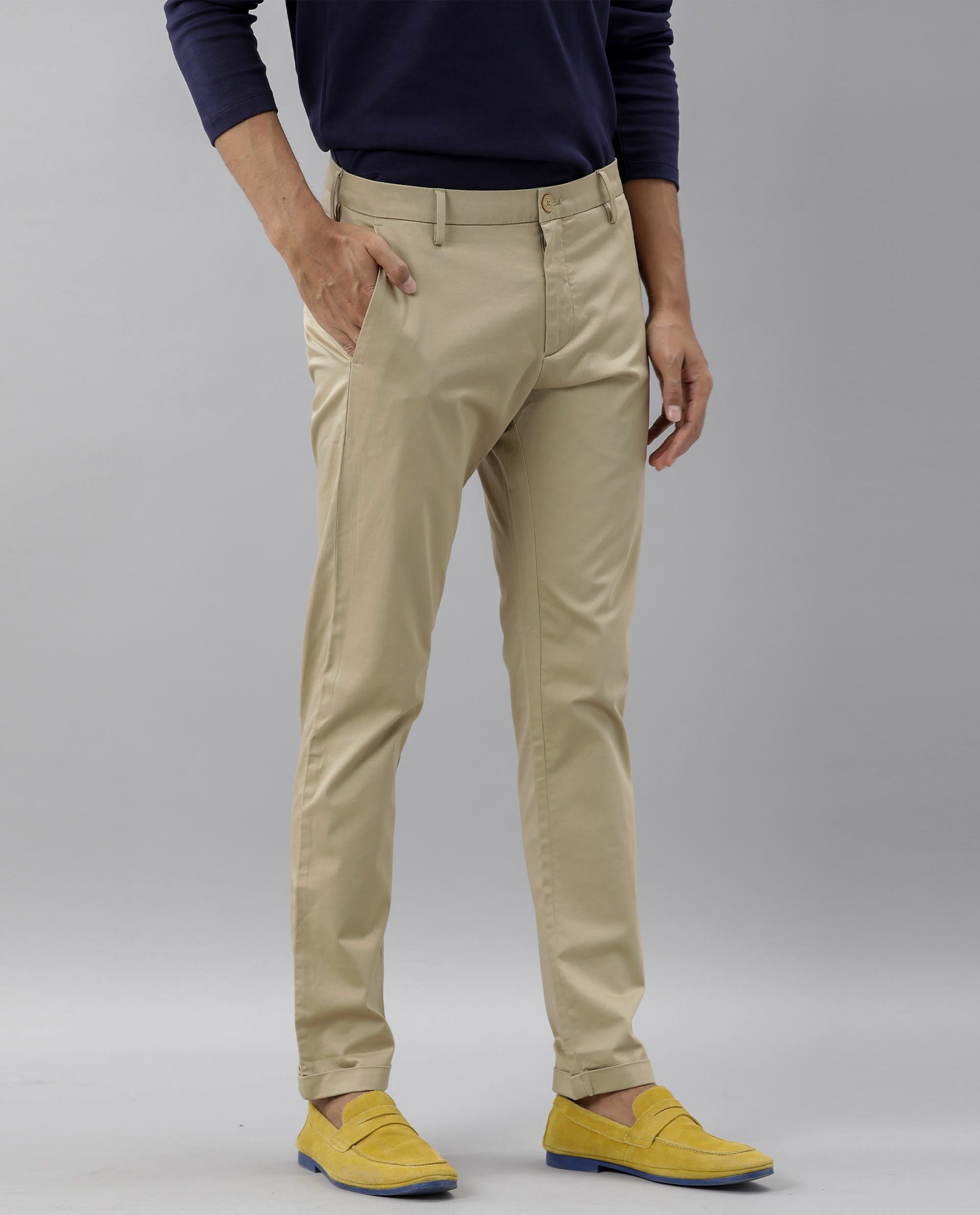 Rare Rabbit Men's Shines Beige Solid Mid-Rise Regular Fit Stretch Trousers