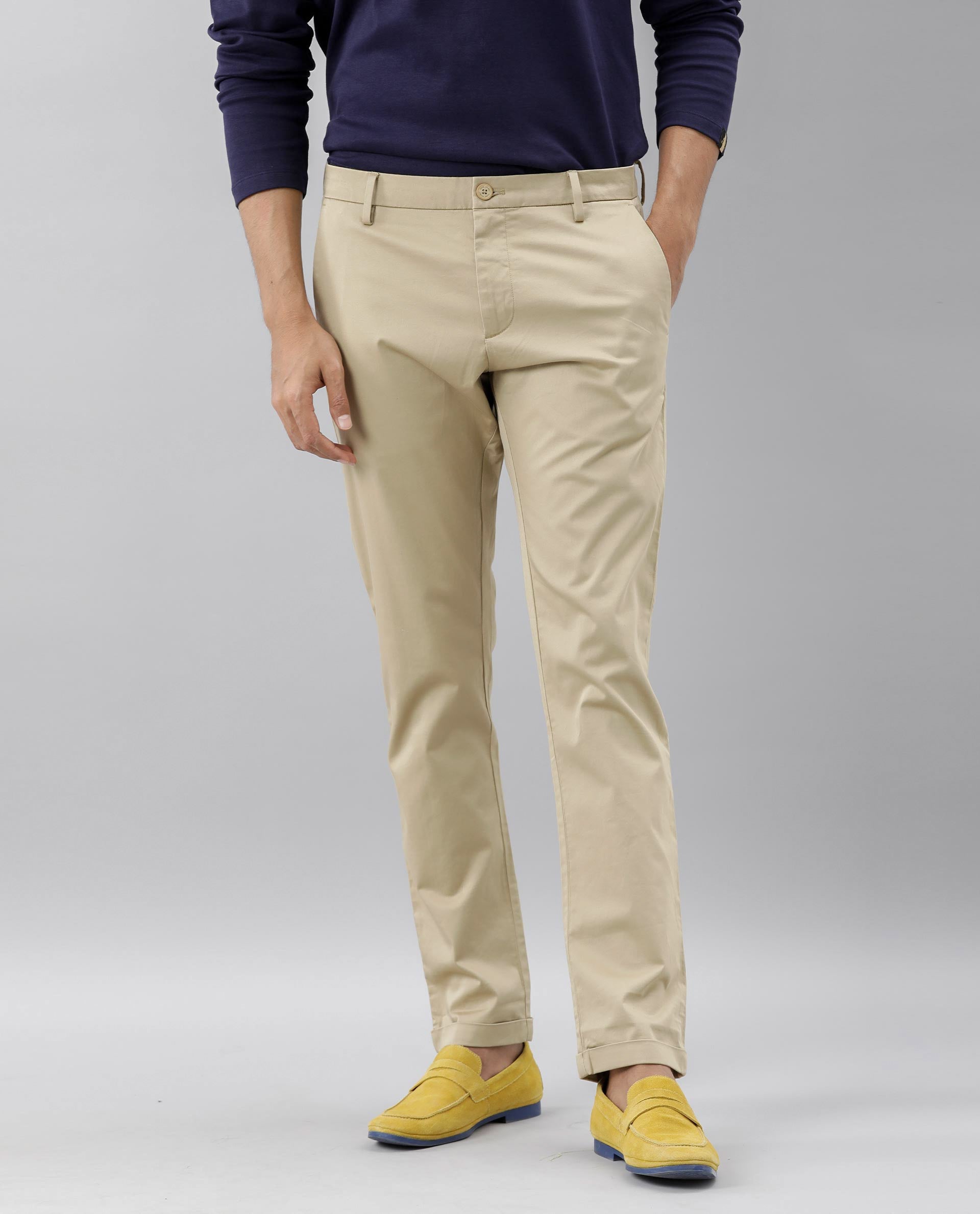 Rare Rabbit Men's Shines Beige Solid Mid-Rise Regular Fit Stretch Trousers