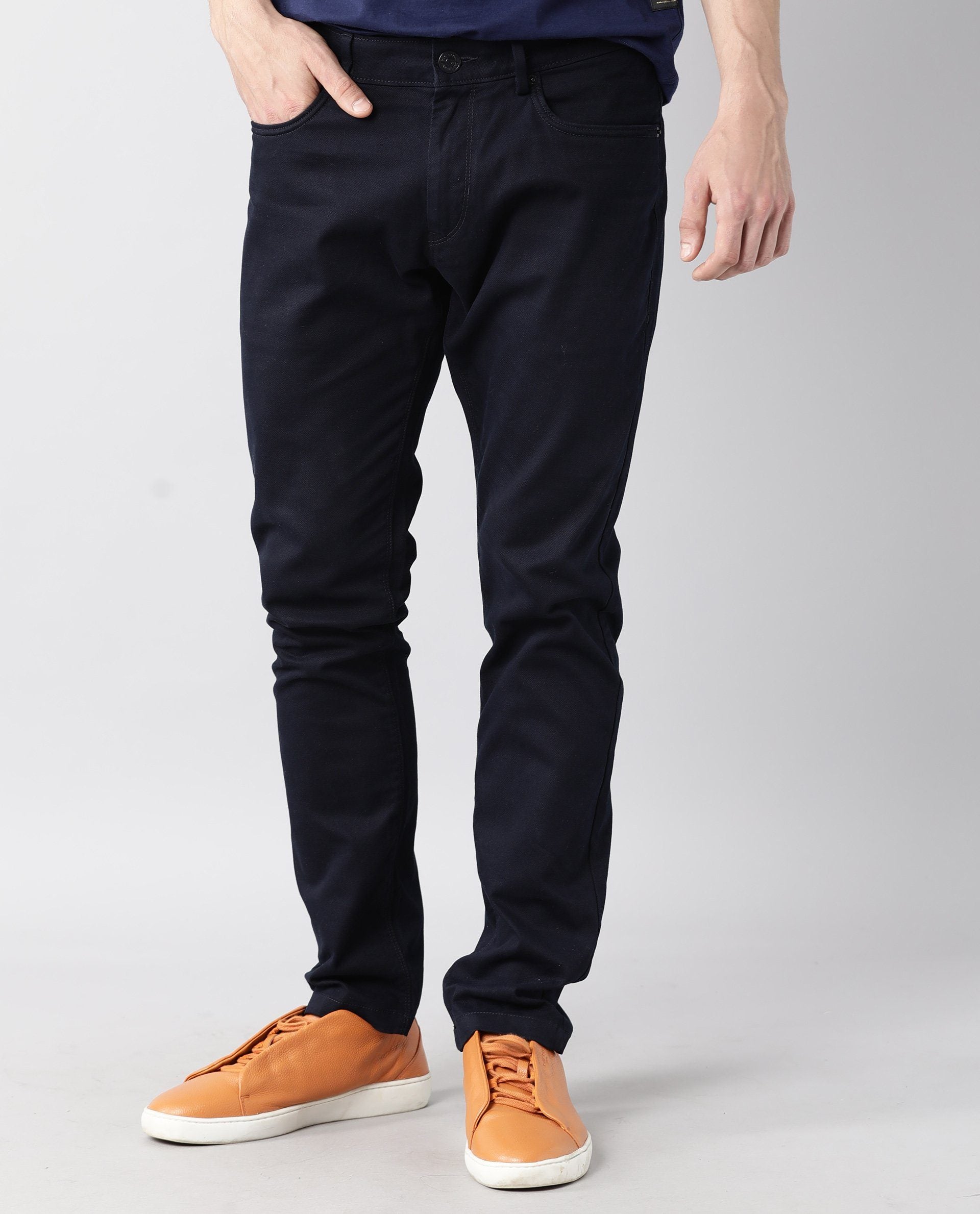Rare Rabbit Men's Spoke Navy Solid Mid-Rise Regular Fit Trouser