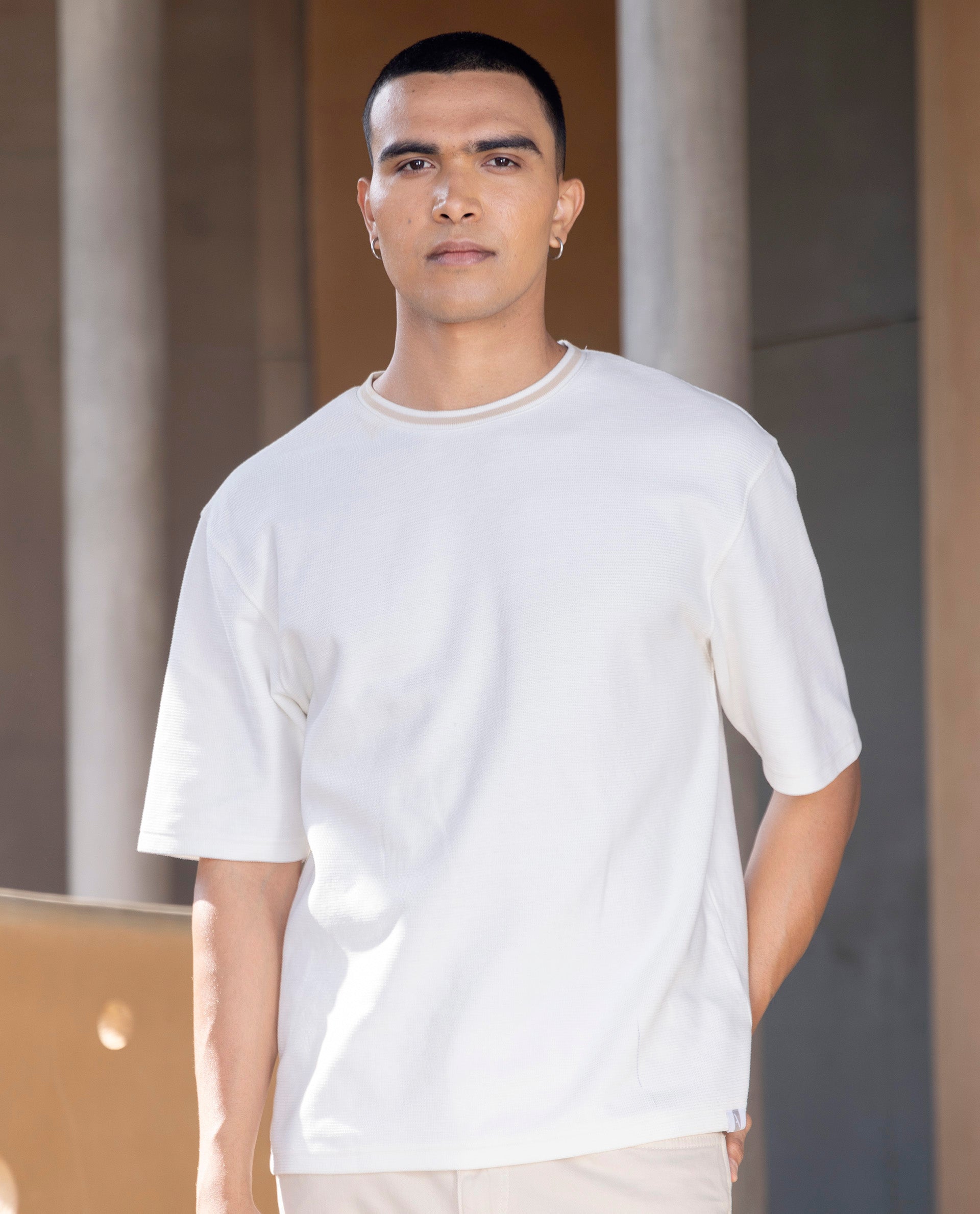 Rare Rabbit Men's Adiso Off White Cotton Fabric Half Sleeves Oversized Textured T-Shirt