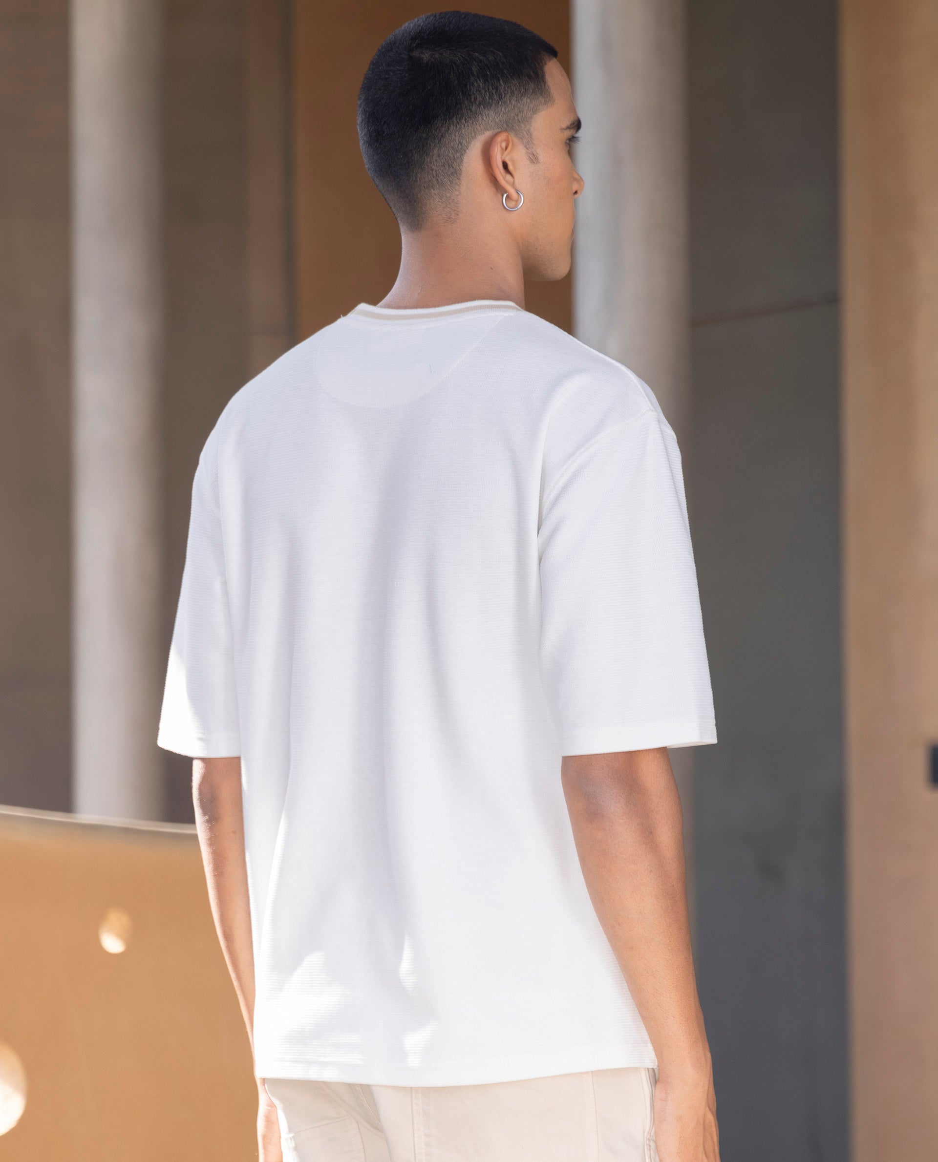 Rare Rabbit Men's Adiso Off White Cotton Fabric Half Sleeves Oversized Textured T-Shirt