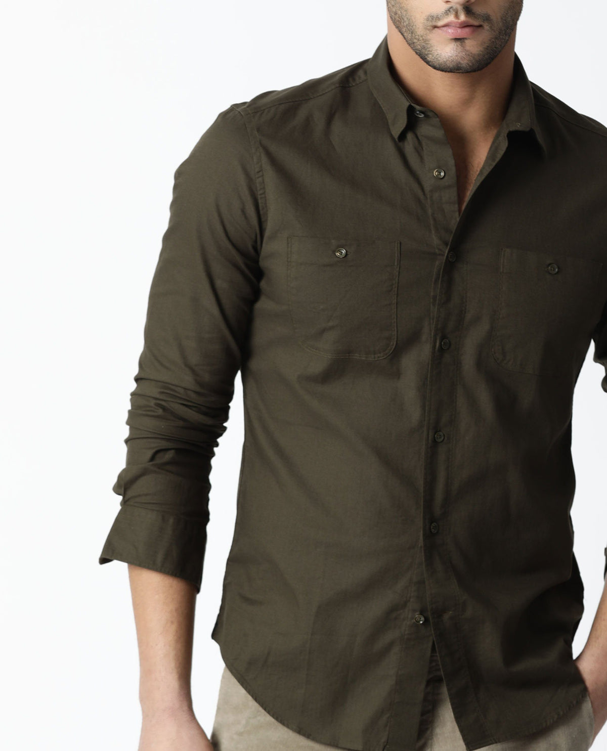 RARE RABBIT HARRINBONE PRIMARY OLIVE SHIRT COTTON FABRIC FULL SLEEVE BUTTON-DOWN COLLAR SLIM FIT
