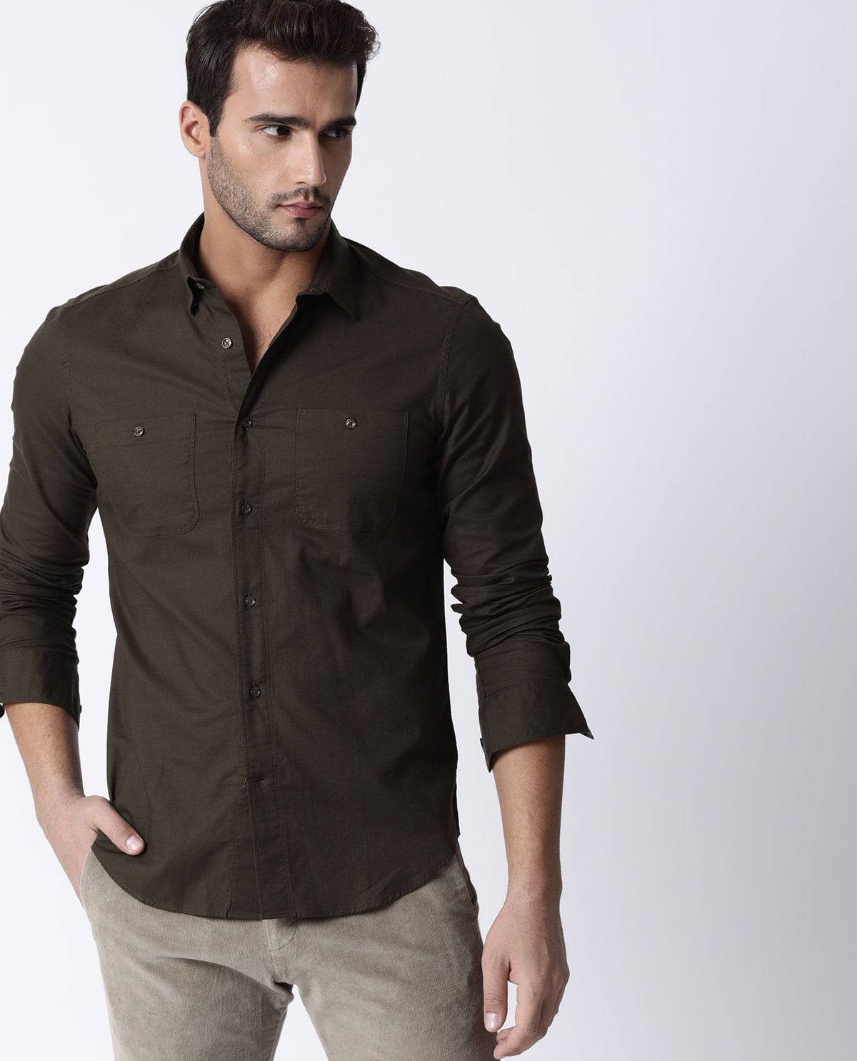 RARE RABBIT HARRINBONE PRIMARY OLIVE SHIRT COTTON FABRIC FULL SLEEVE BUTTON-DOWN COLLAR SLIM FIT