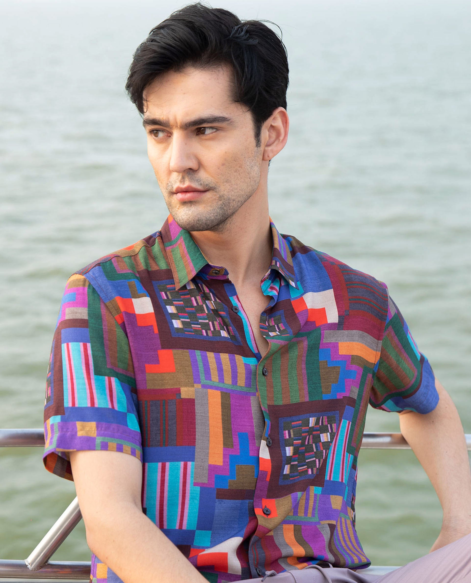 Rare Rabbit Men's Circon Multi Viscose Fabric Half Sleeves Geometric Print Shirt