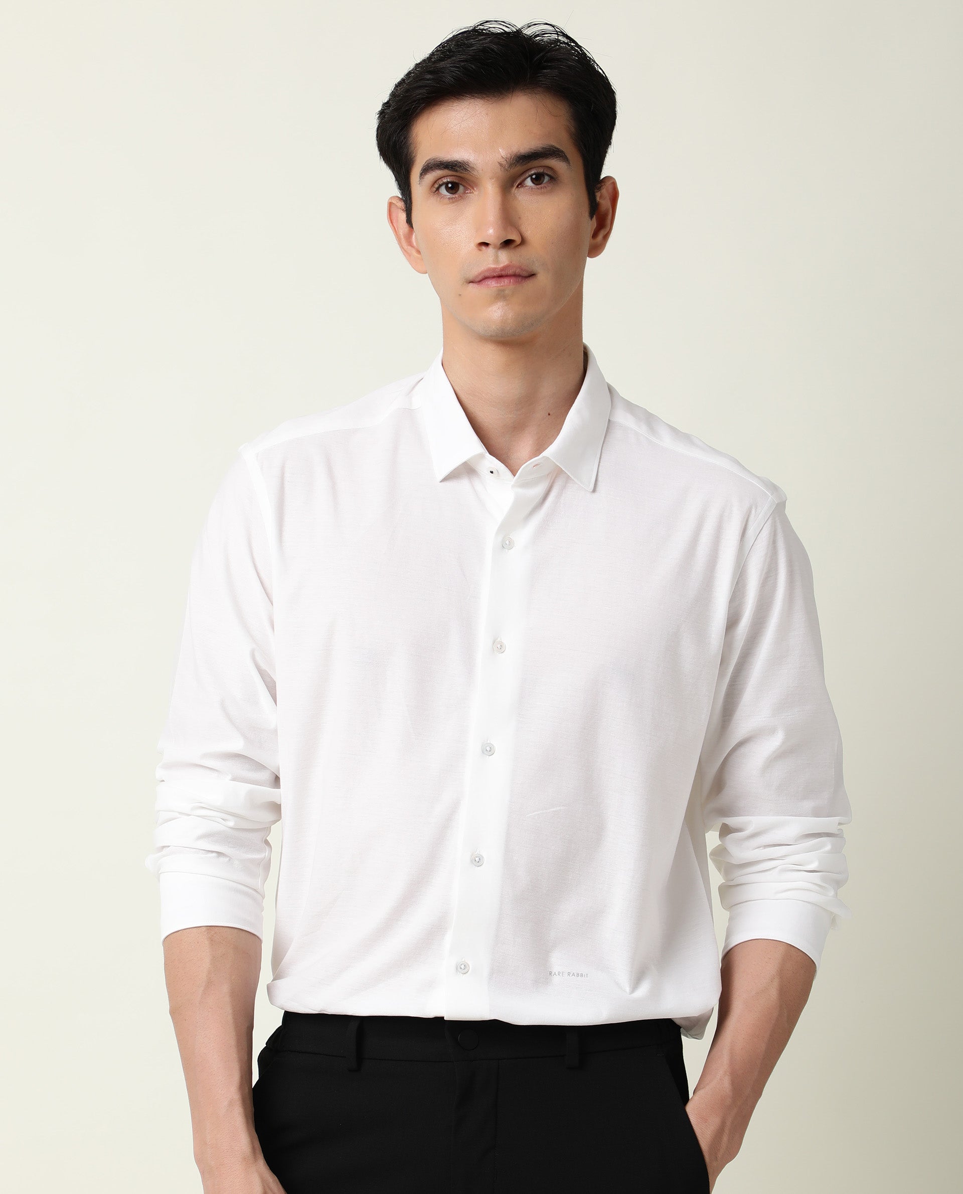 Rare Rabbit Men's Villas White Cotton Fabric Full Sleeves Solid Shirt