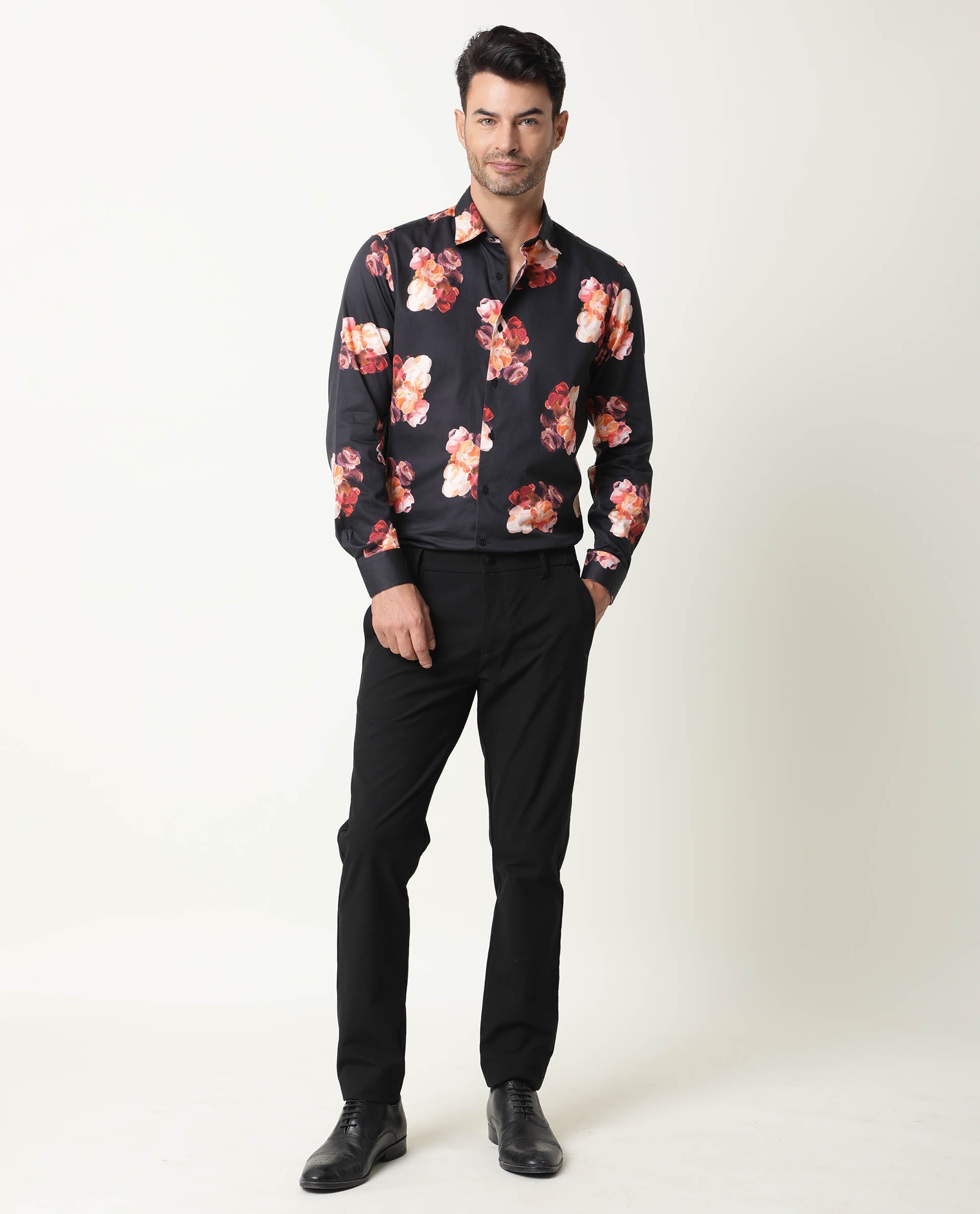 Rare Rabbit Men's Zinnia Black Cotton Fabric Floral Print Full Sleeves Shirt