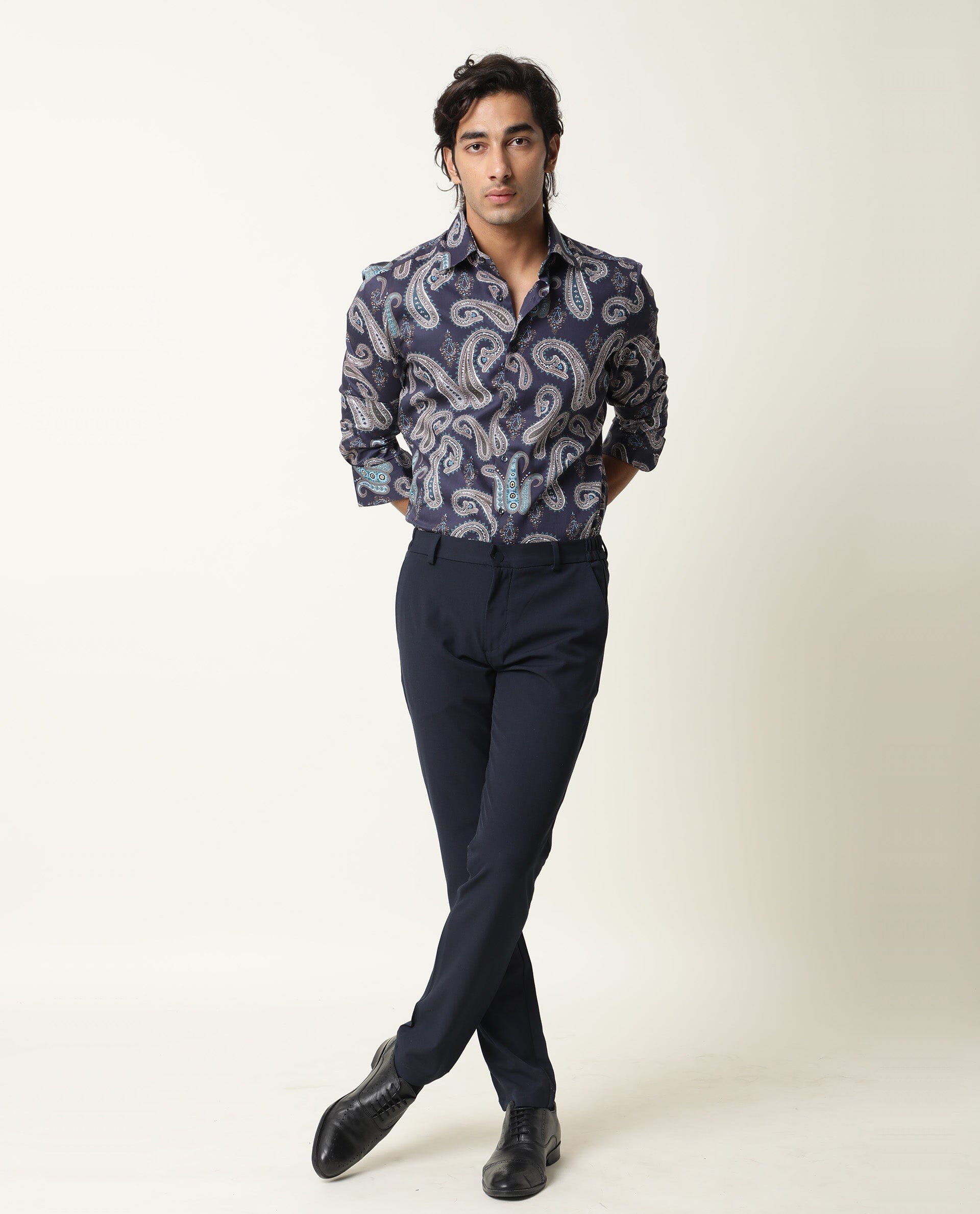 RARE RABBIT MEN'S PAZZO NAVY SHIRT COTTON FABRIC COLLARED NECK FULL SLEEVES BUTTON CLOSURE SLIM FIT