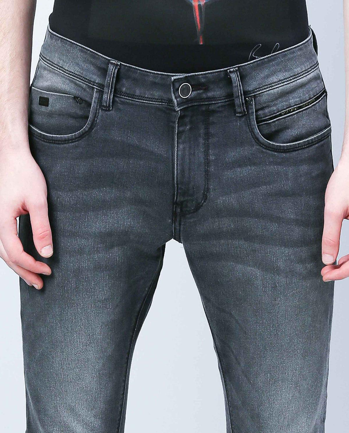 RARE RABBIT COBINO DARK GREY JEANS PANT COTTON FABRIC SLIM FIT BUTTON & ZIP CLOSURE