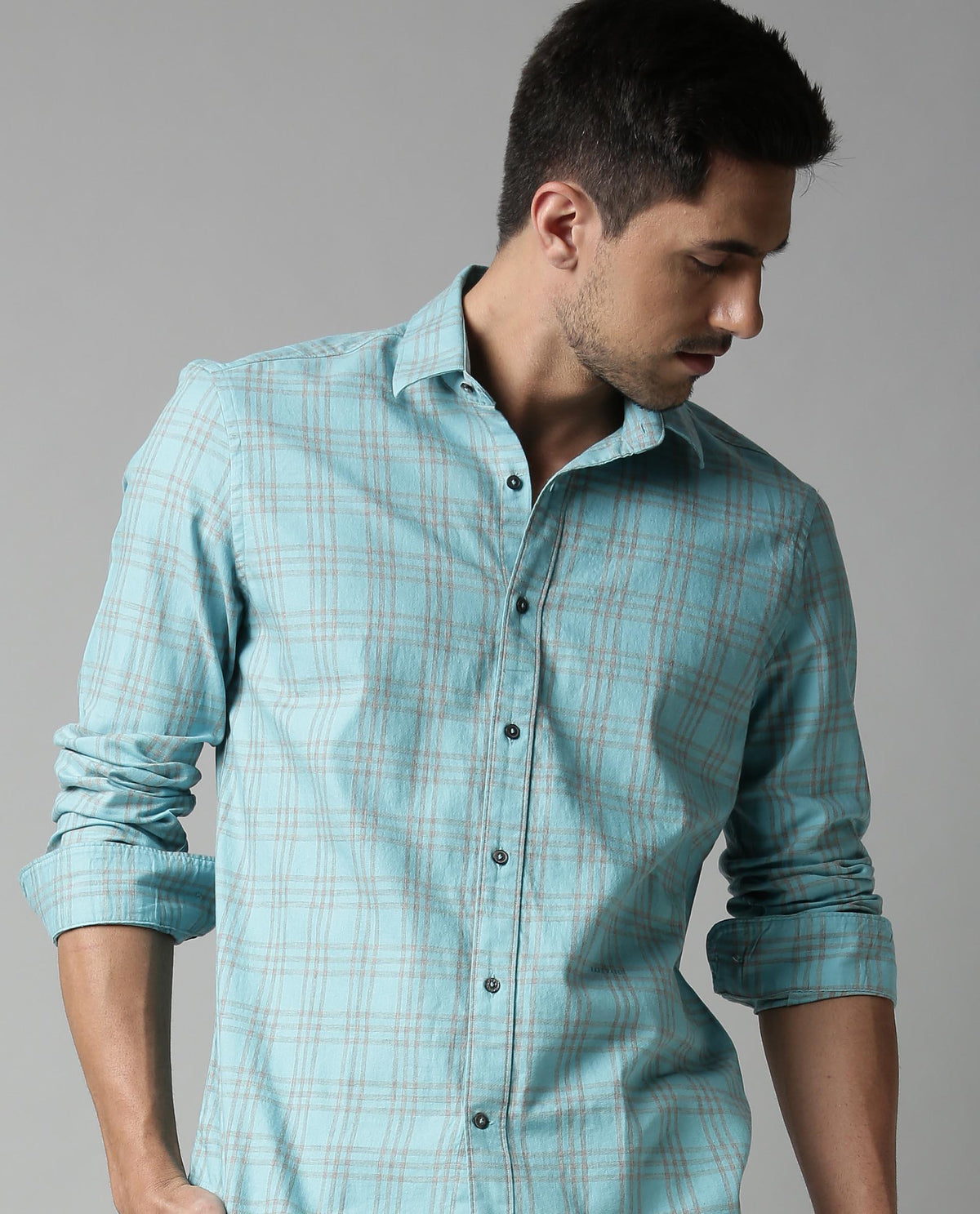 RARE RABBIT MEN'S DARENN TURQ SHIRT FULL SLEEVES CHECKS SLIM FIT