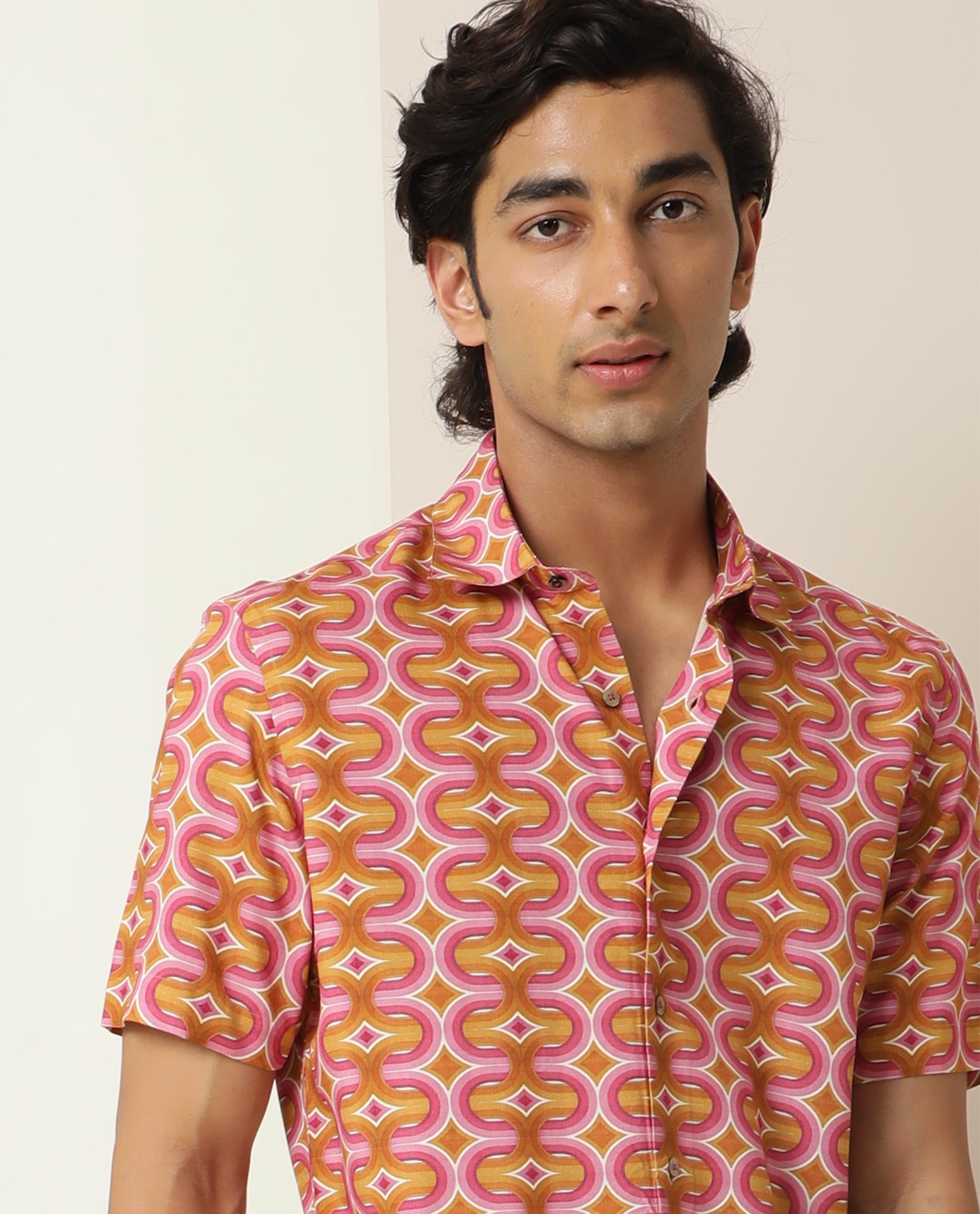 Rare Rabbit Men's Rebeus Multi Viscose Fabric Geometric Retro Print Half Sleeves Shirt