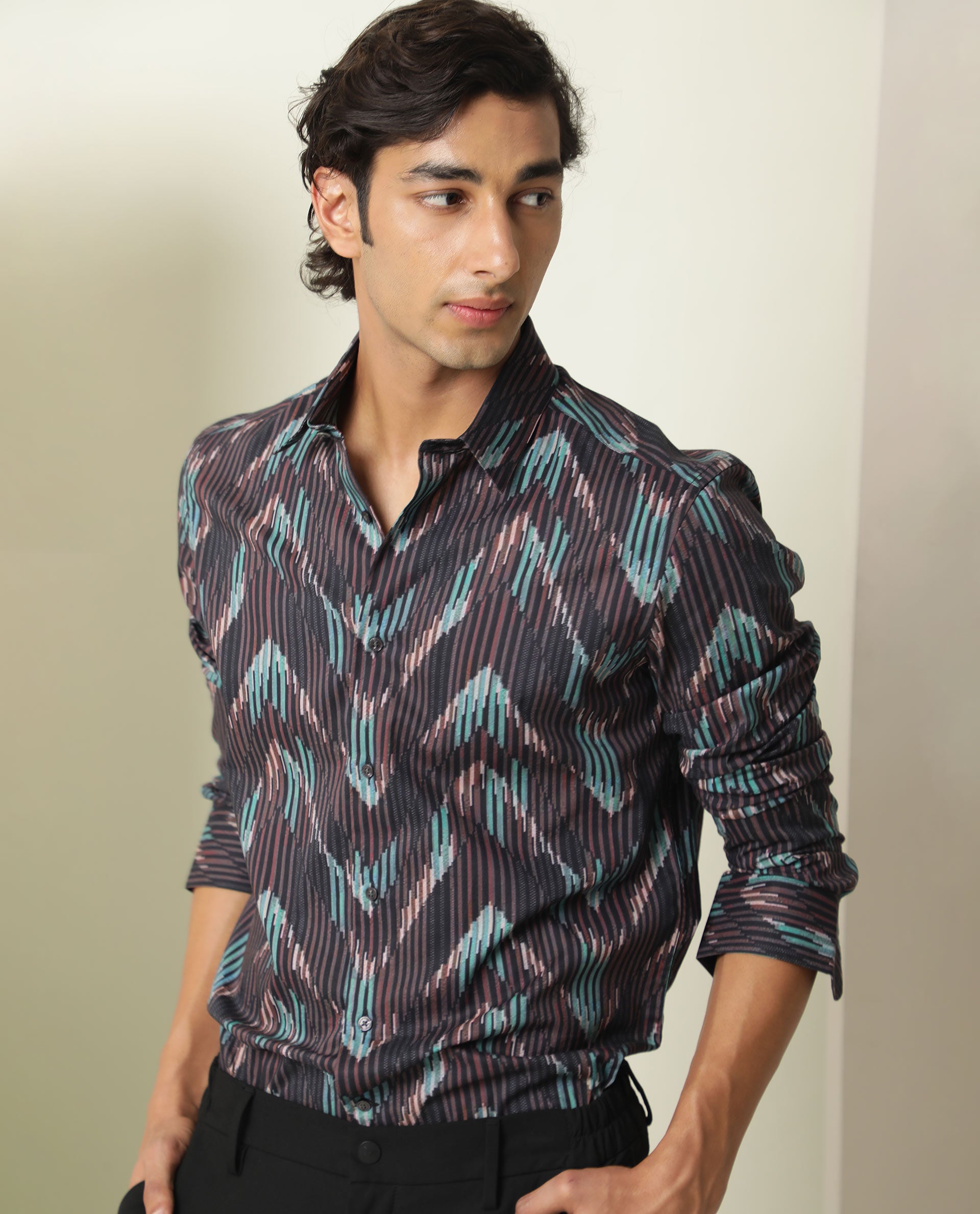 Rare Rabbit Men's Stria Brown Viscose Fabric Abstract Print Full Sleeves Shirt