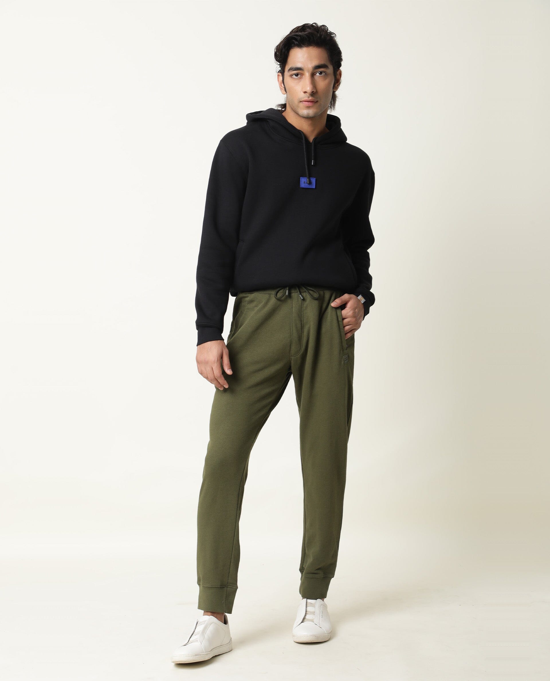 RARE RABBIT MEN'S ARTIC OLIVE TRACK PANT COTTON POLY FABRIC SLIM FIT MID RISE