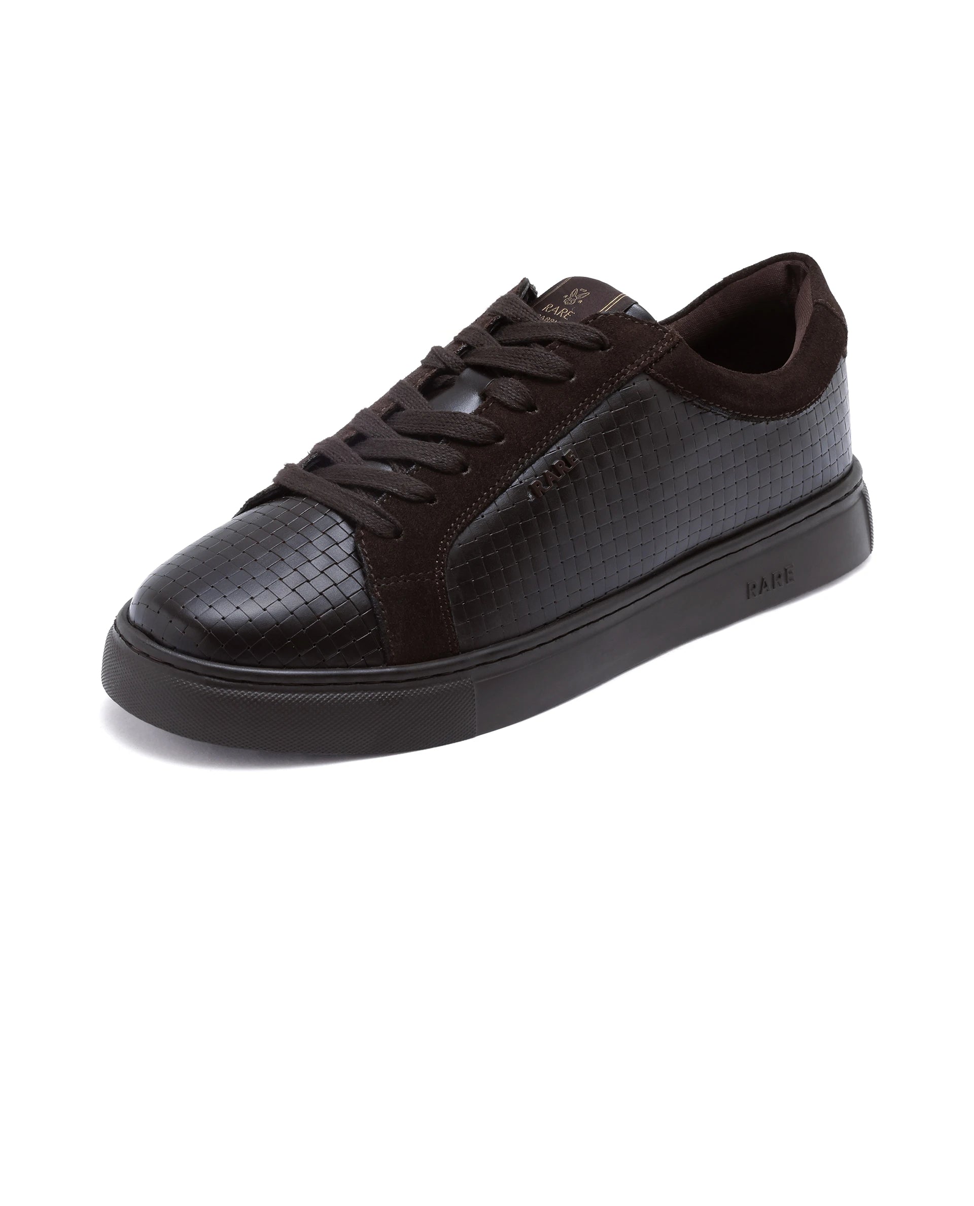 Rare Rabbit Men Herlock Brown Plated Genuine Leather with a Branded Metal Trim Low-Top Lace-Up Sneaker Shoes