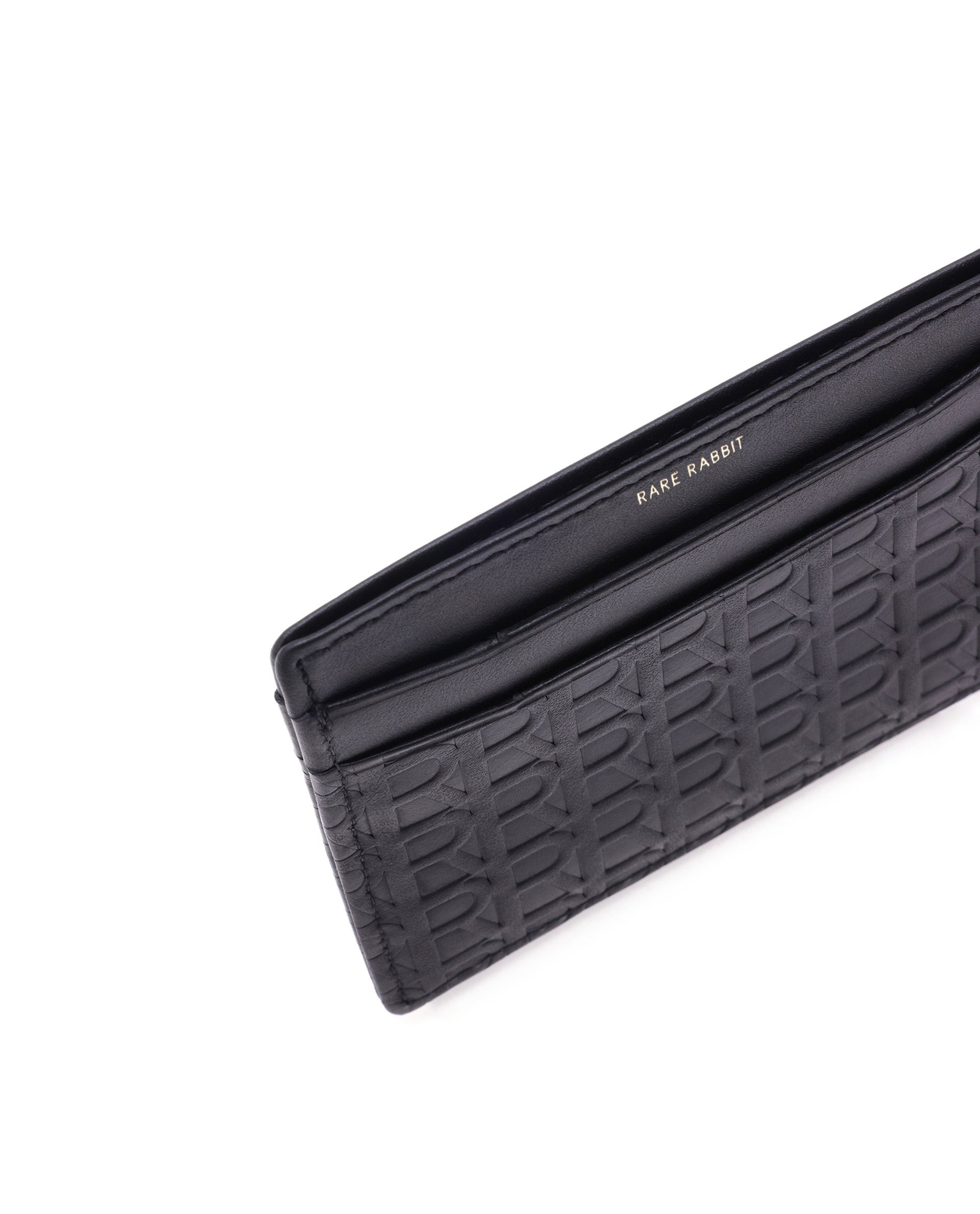 Rare Rabbit Mens Tella Black Slim RFID Monogram Embossed Credit Card Holder