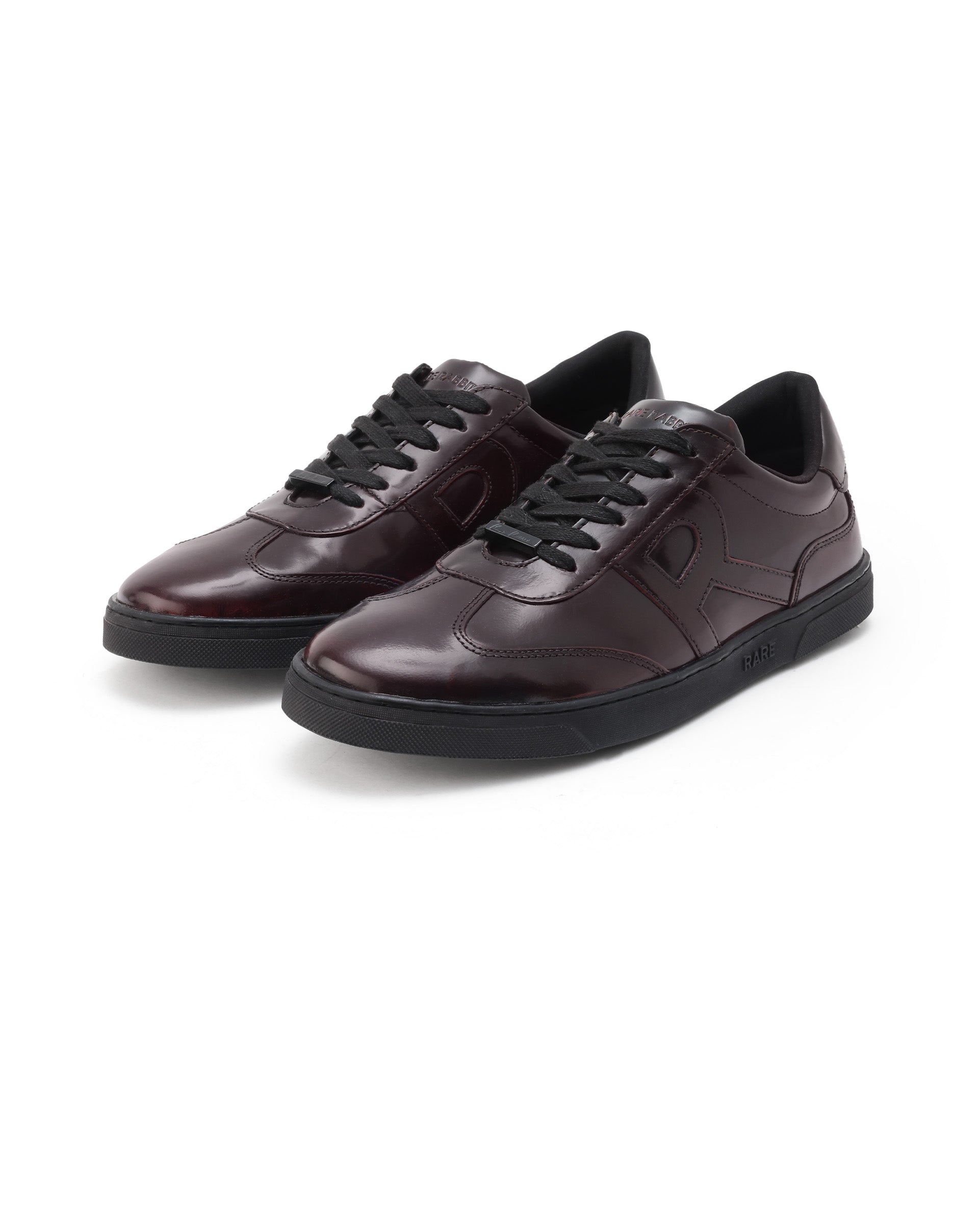 Rare Rabbit Mens Mercury Maroon Shiny Brush Off Leather Lace Up Low Top Round Toe Smart Casual Sneaker Shoes