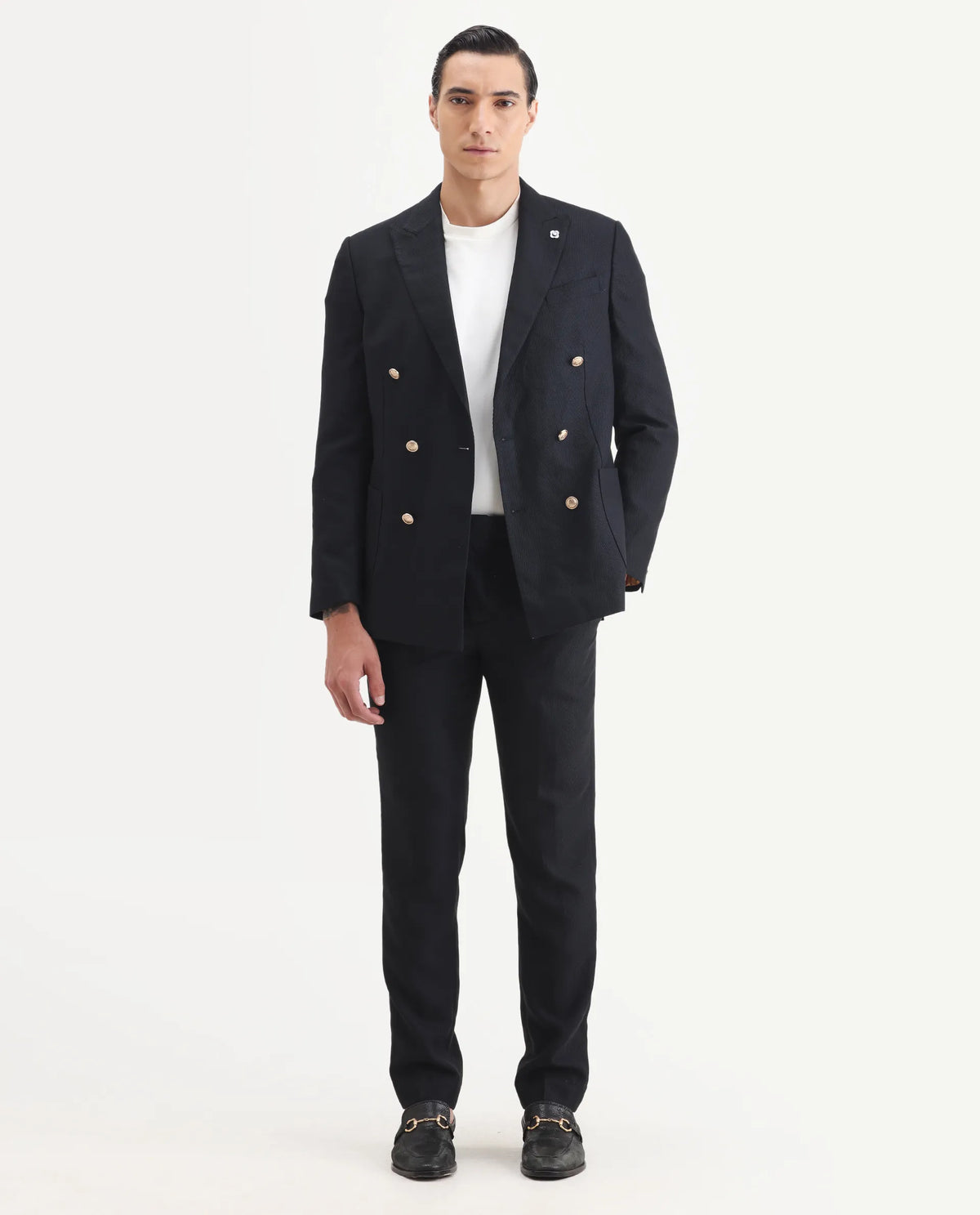Rare Rabbit Men's Sierra Dark Navy Polyester Plain Tailored Fit Full Sleeve Lapel Neck Suits