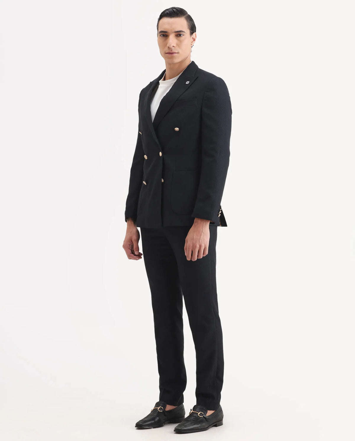 Rare Rabbit Men's Sierra Dark Navy Polyester Plain Tailored Fit Full Sleeve Lapel Neck Suits