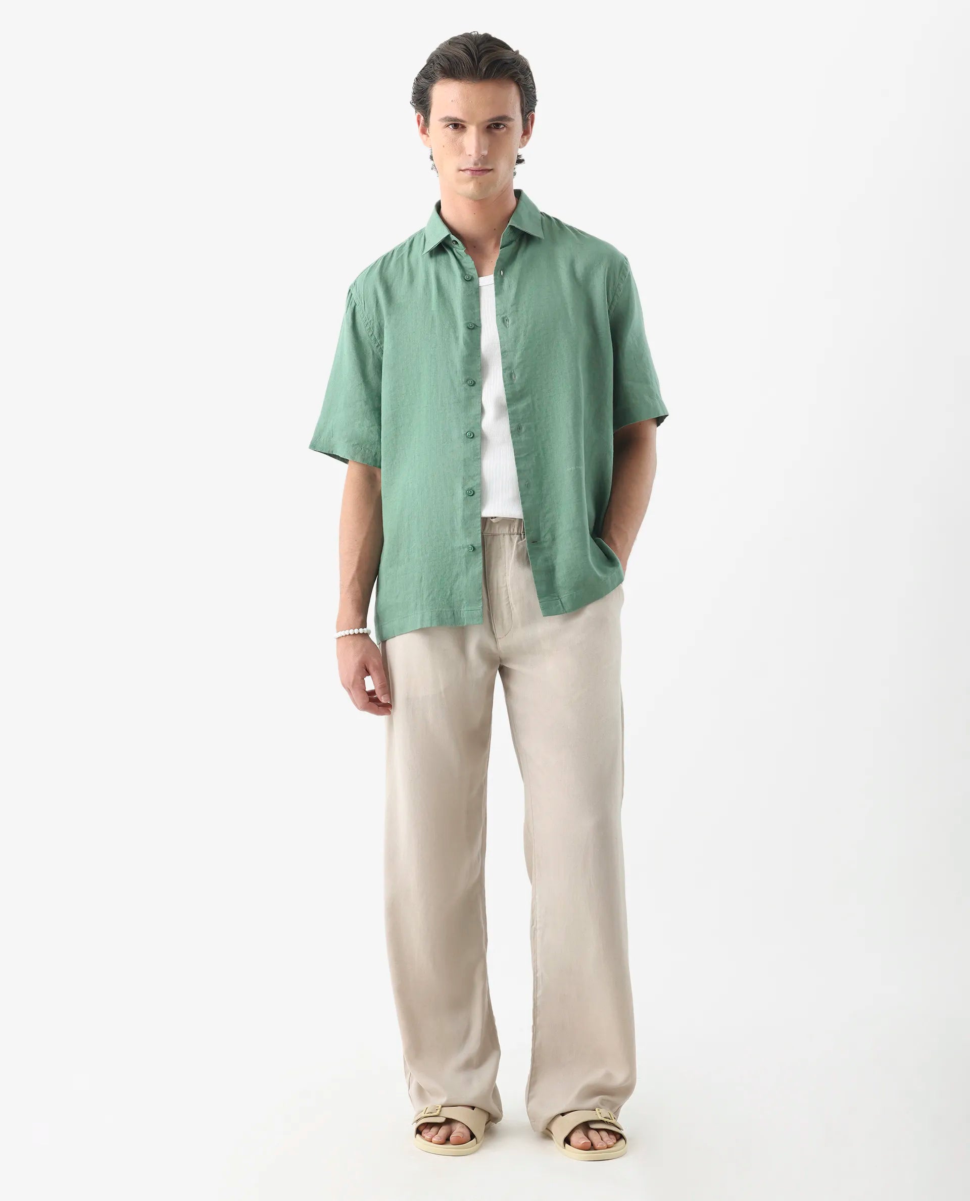 Rare Rabbit Men's Linex-1 Ss Light Green 100% Linen Plain Regular Fit Half Sleeve Collared Shirt