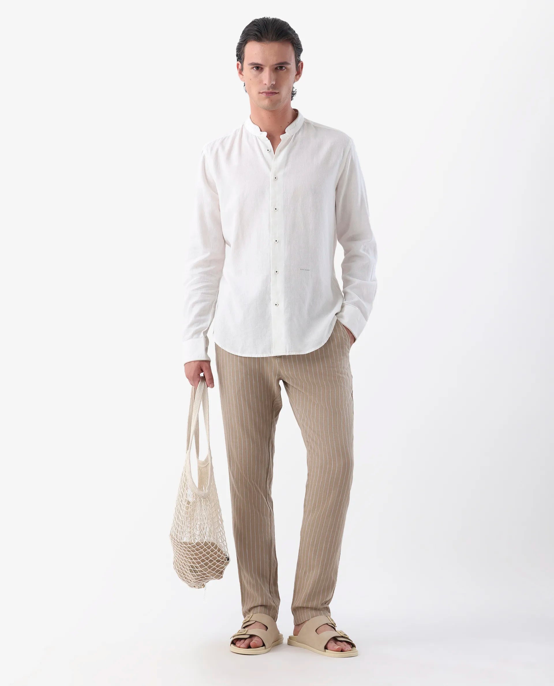 Rare Rabbit Men's Banet- Beige Linen Blend Plain Regular Fit Trouser