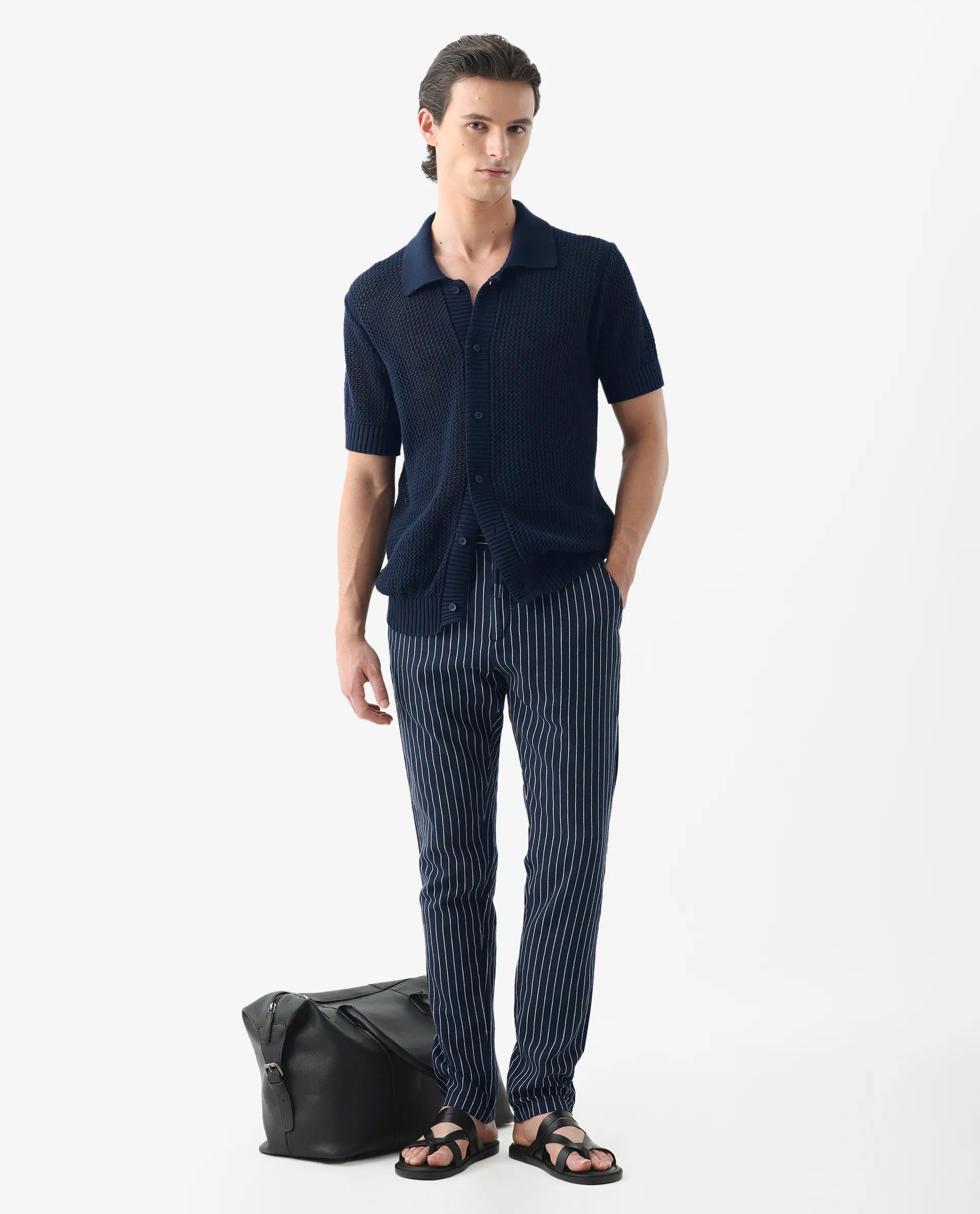 Rare Rabbit Men's Banet- Navy Linen Blend Striped Print Slim Fit Trouser