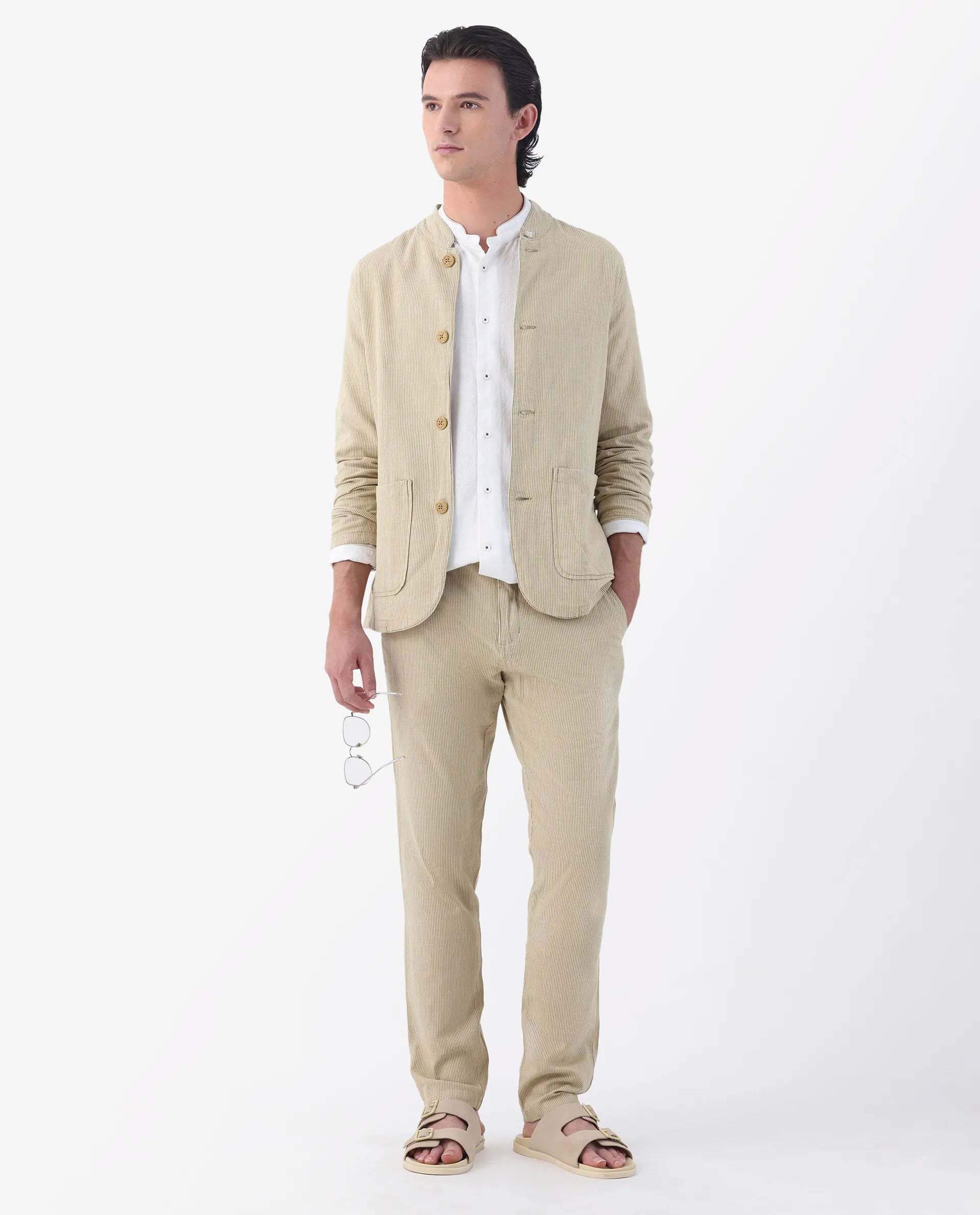 Rare Rabbit Men's Brera Mustard Linen Blend Striped Print Regular Fit Trouser