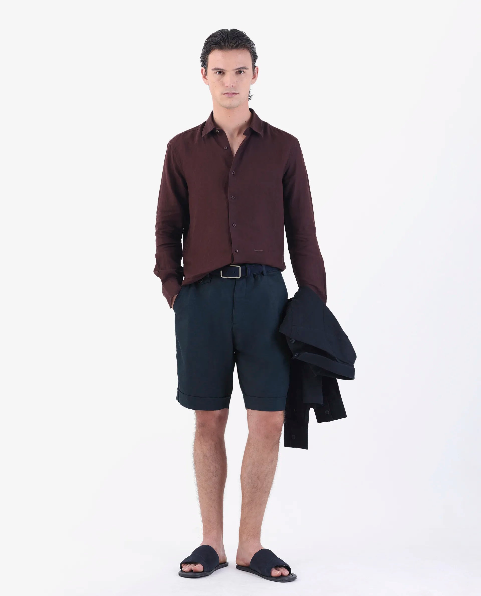 Rare Rabbit Men's Camer Navy 100% Linen Plain Regular Fit Shorts