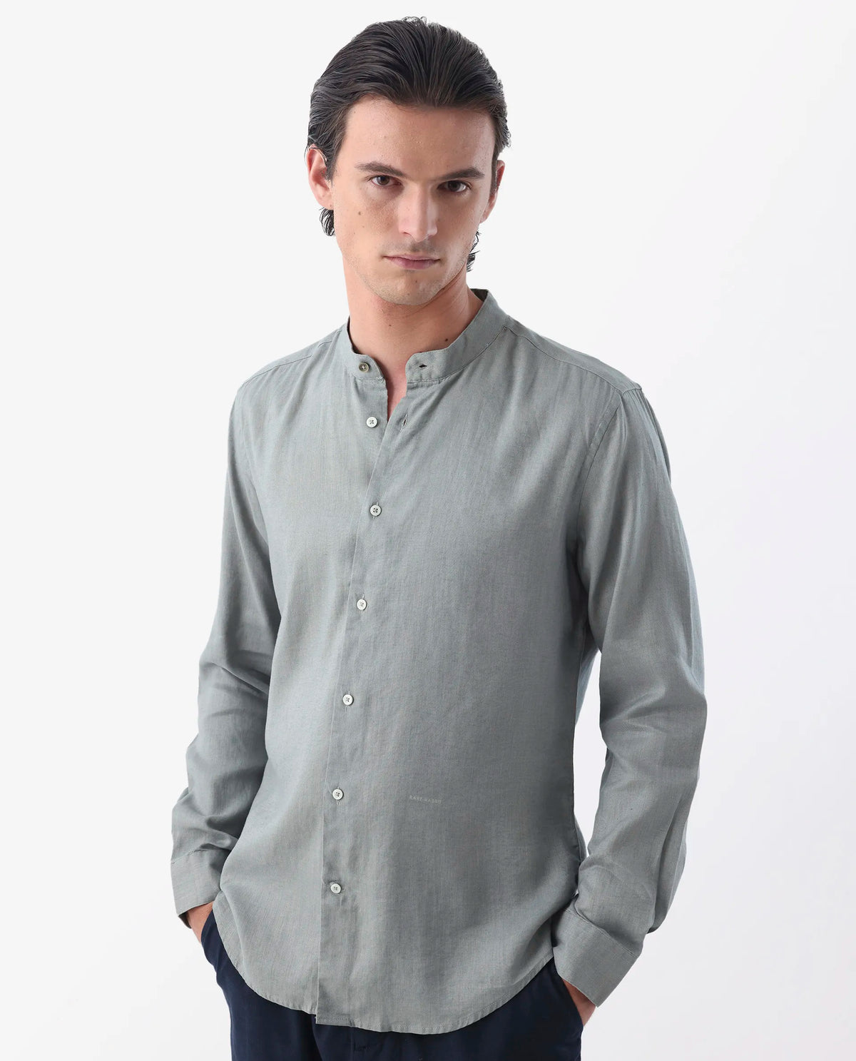 Rare Rabbit Men's Cinex Dusky Green Linen Blend Plain Regular Fit Full Sleeve Mandarin Collar Shirt
