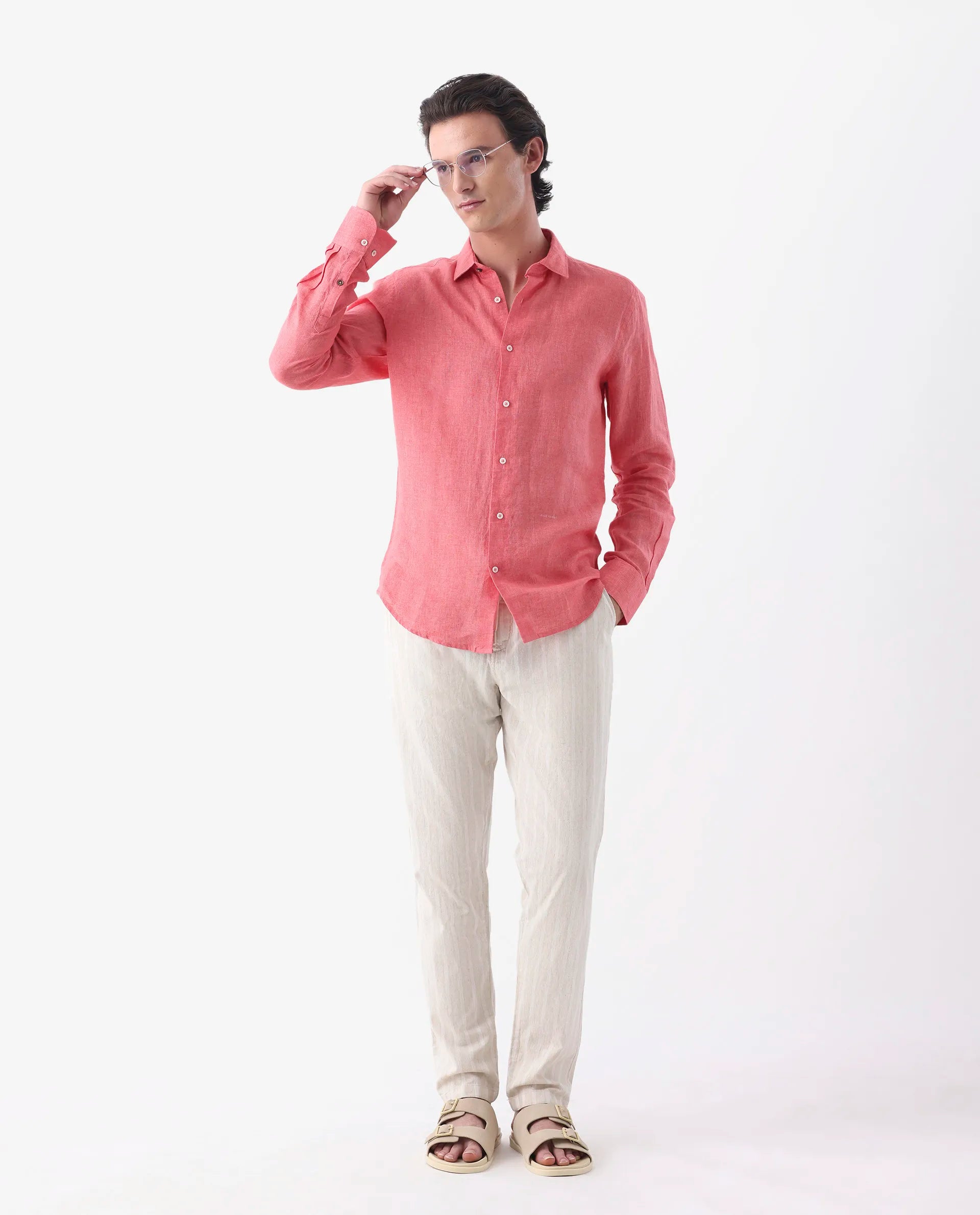 Rare Rabbit Men's Dano Beige Linen Blend Striped Print Regular Fit Trouser