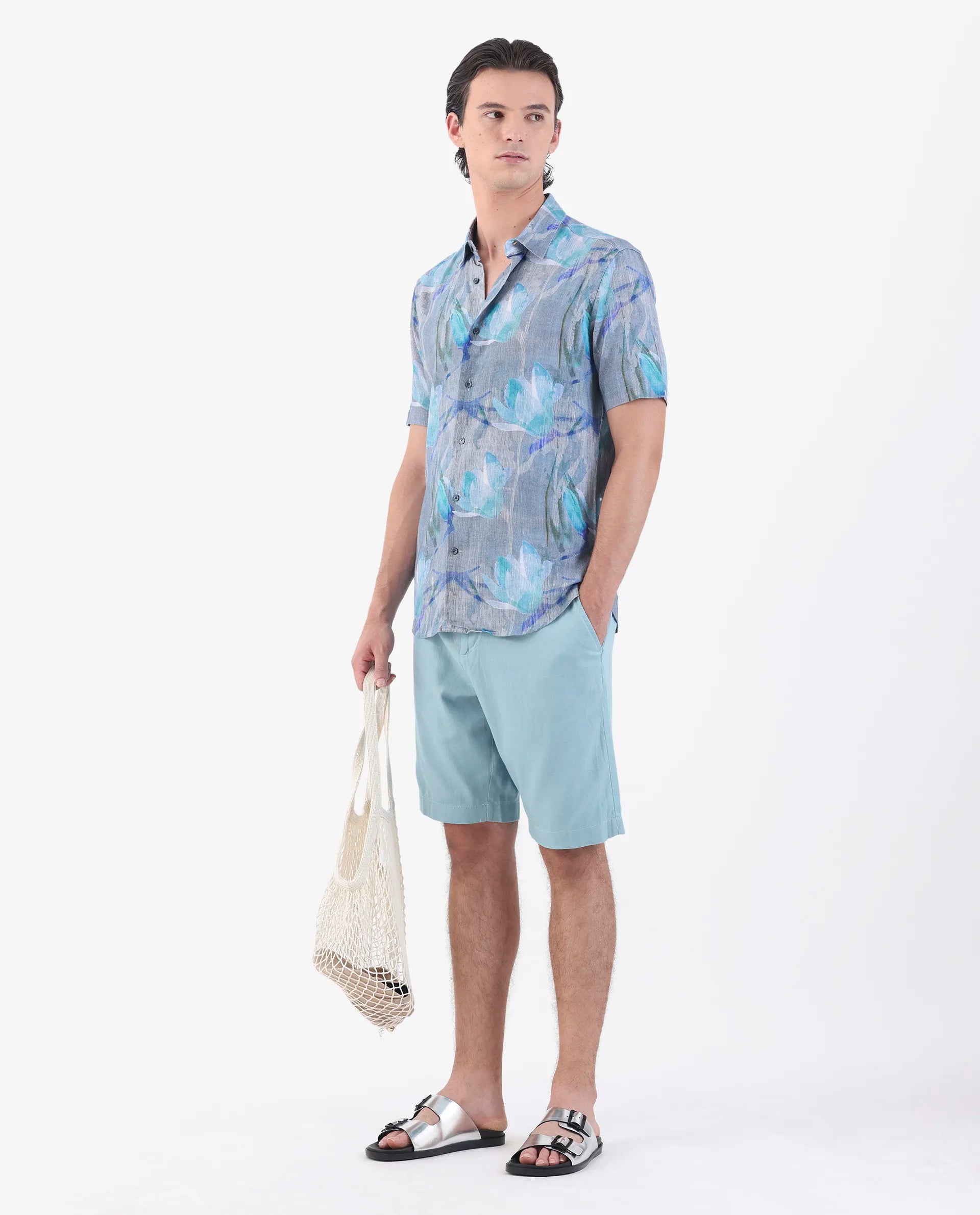 Rare Rabbit Men's Edam Turq Linen Blend Plain Relaxed Fit Shorts