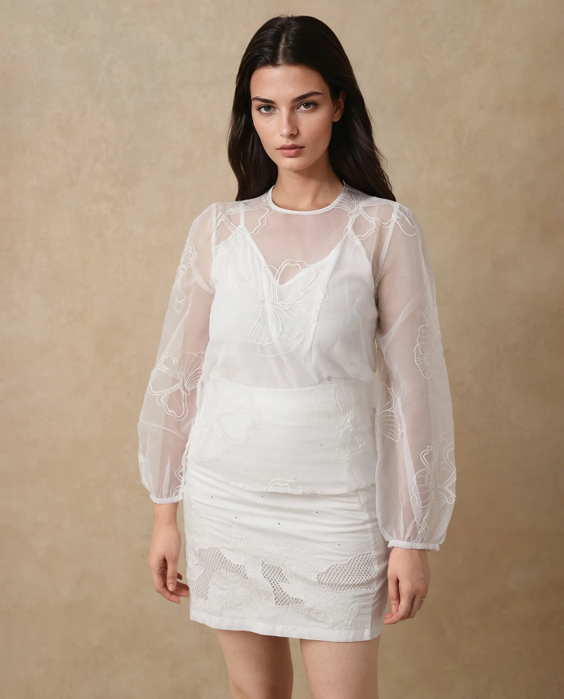 Rareism Women's Prevan White Polyester Round Neck Plain Bishop Sleeve Regular Fit Top