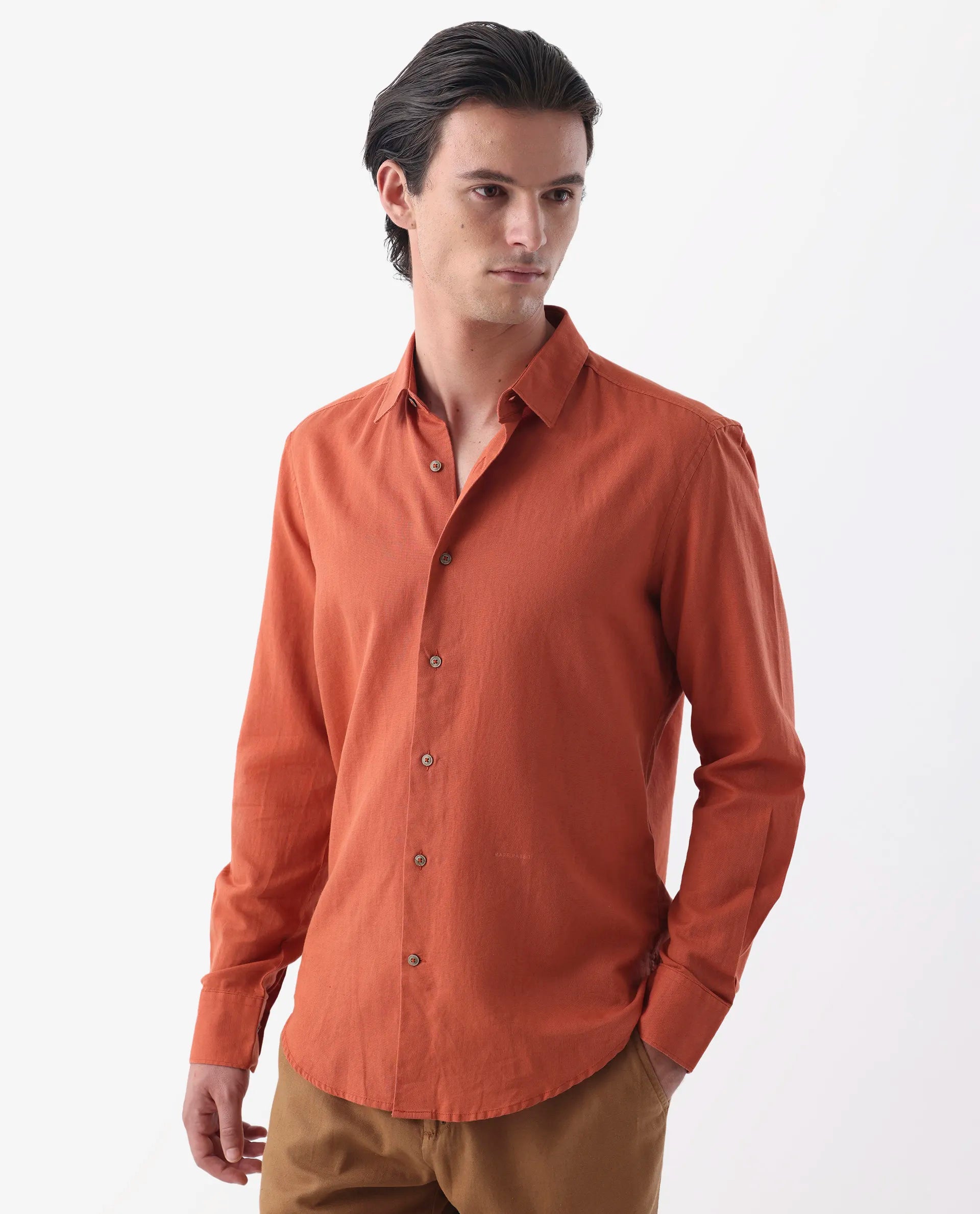 Rare Rabbit Men's Linux Orange Linen Blend Plain Regular Fit Full Sleeve Collared Shirt