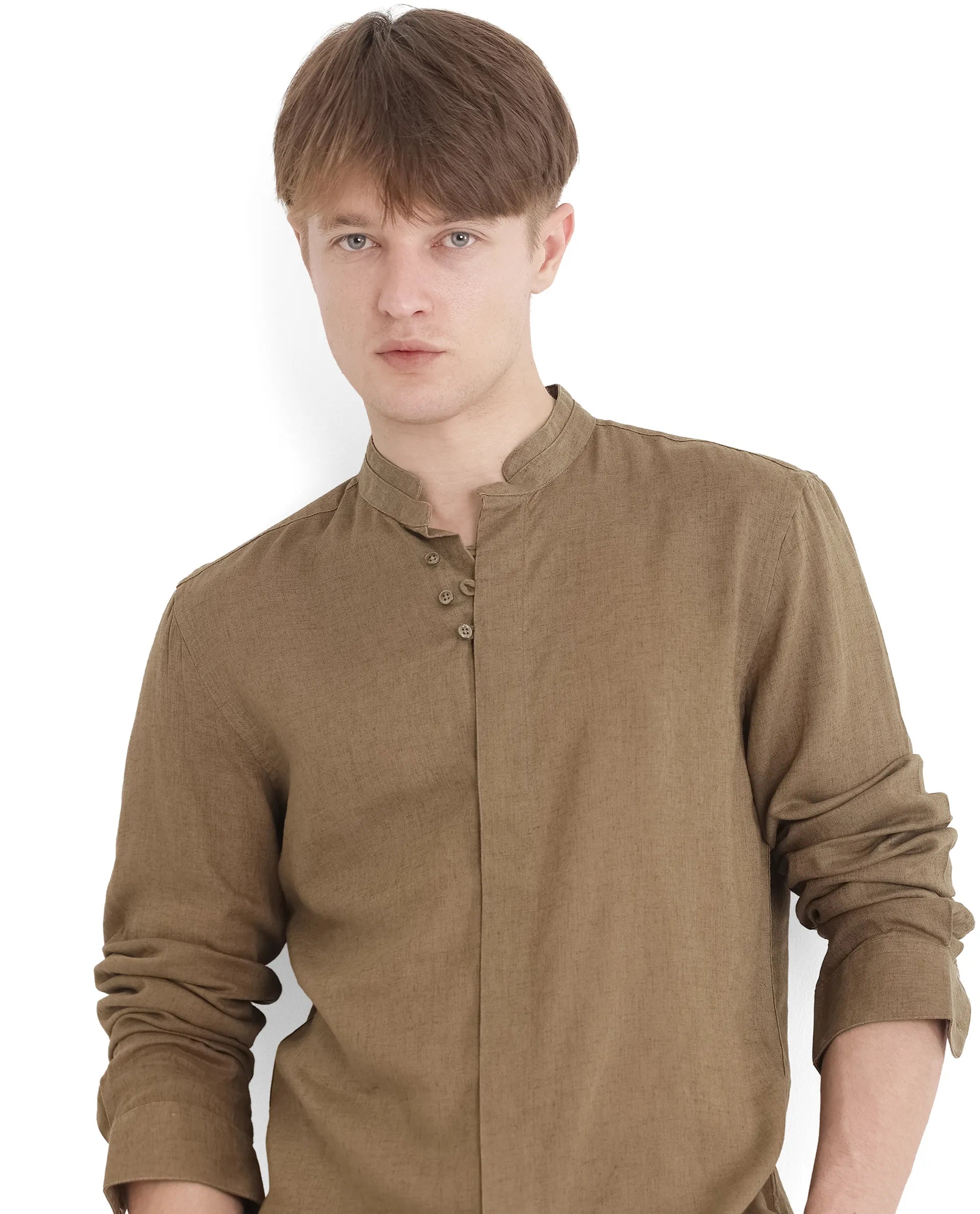 Rare Rabbit Men Throne Ls 25 Olive Lyocell Linen Fabric Full Sleeves Collared Neck Button Closure Woven Design Shirt