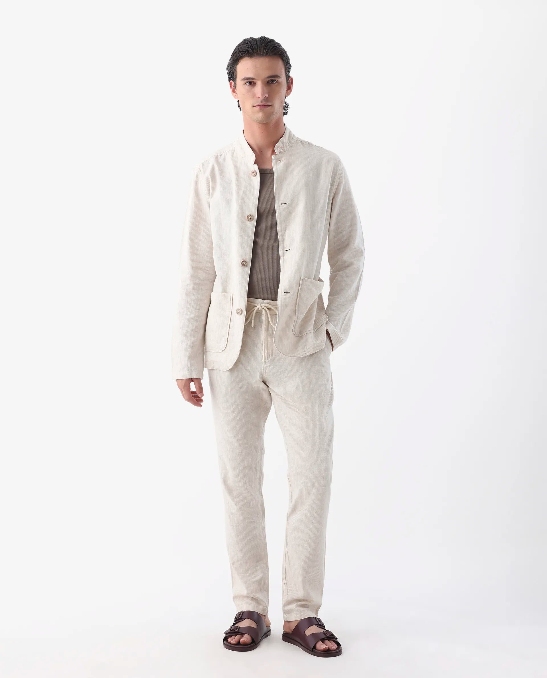 Rare Rabbit Men's Trex Beige Linen Blend Striped Print Regular Fit Full Sleeve Mandarin Collar Jacket