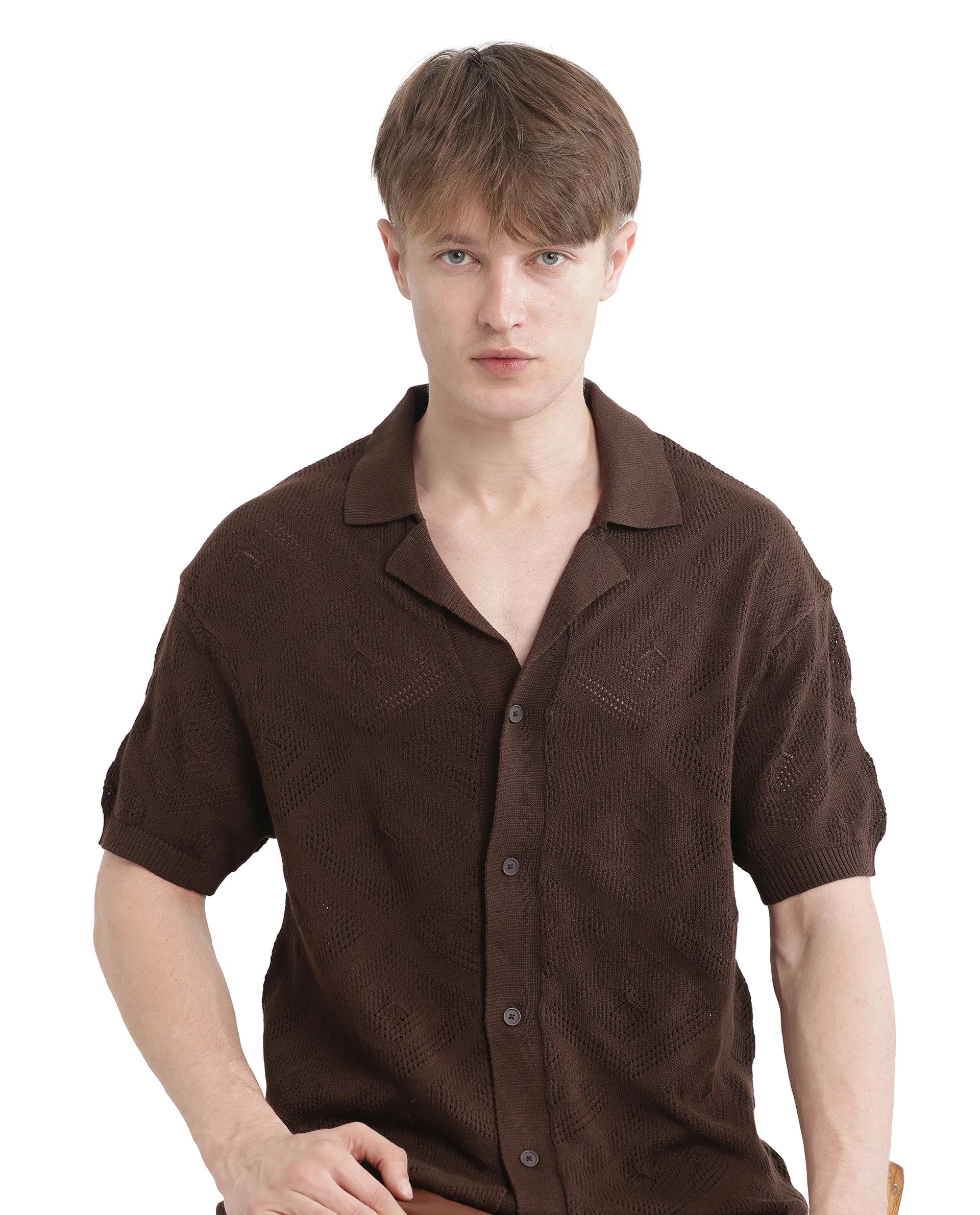 Rare Rabbit Men Wats Brown Cotton Fabric Short Sleeve Cuban Collared Button Closure Knitted Plain Shirt