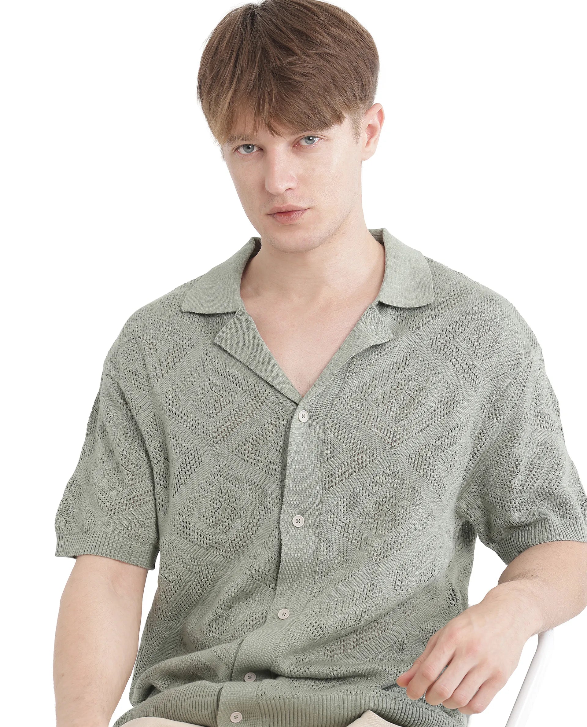 Rare Rabbit Men Wats Dusky Green Cotton Fabric Short Sleeve Cuban Collared Button Closure Knitted Plain Shirt