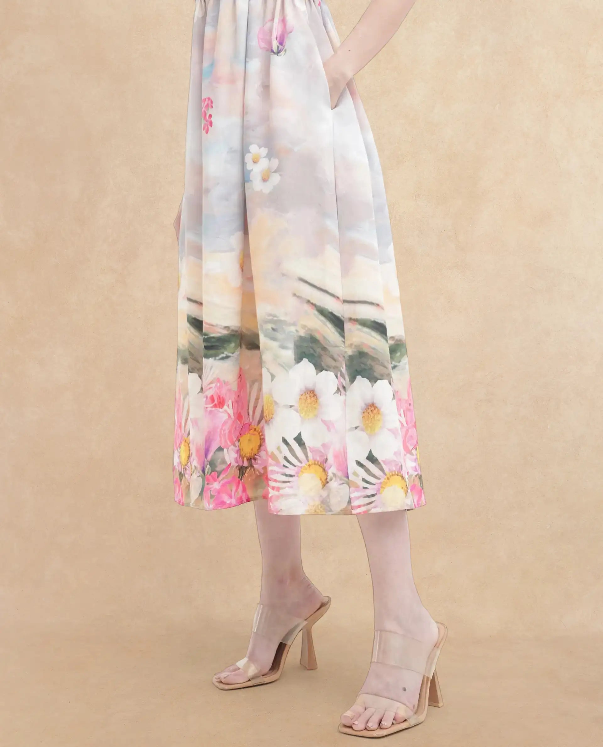 Rareism Women's Heidi Multi Viscose Blend Shoulder Strap Floral Print Shoulder Strap Midi Fit And Flare Dress