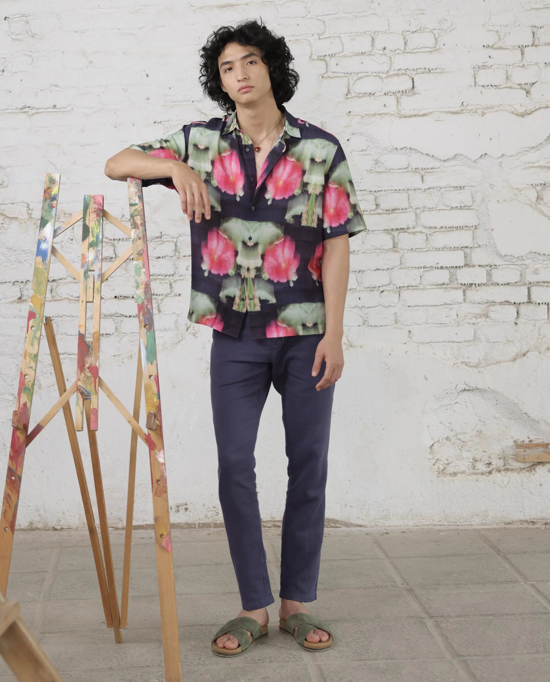 Rare Rabbit Men's Risca Purple Viscose Fabric Half Sleeves Boxy Fit Abstract Floral Print Shirt