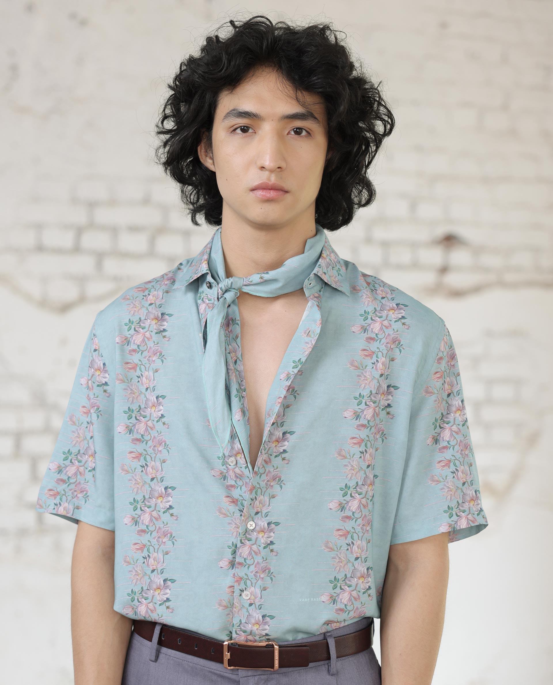 Rare Rabbit Men's Wreath Turq Viscose Fabric Half Sleeves Boxy Fit Floral Print Shirt