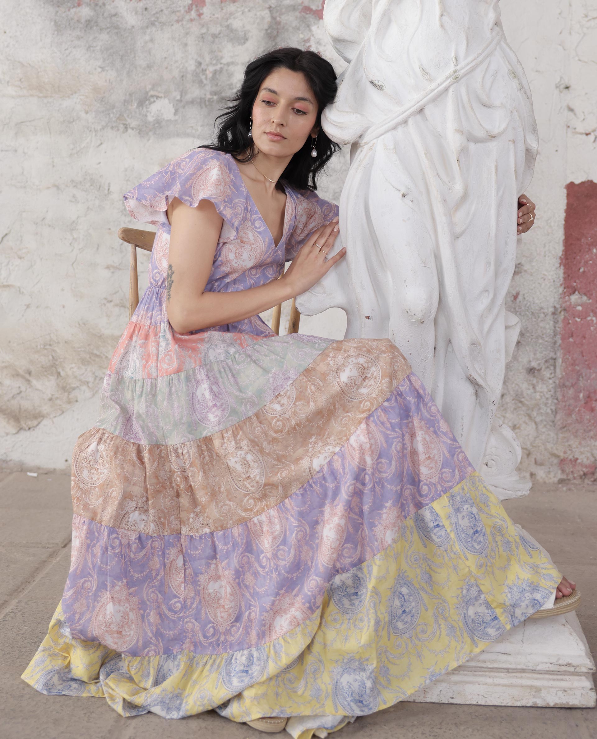 Rareism Women Grubin Multi Cotton Fabric Short Sleeves V-Neck Raglan Sleeve Fit And Flare Ornamental Print Maxi Dress